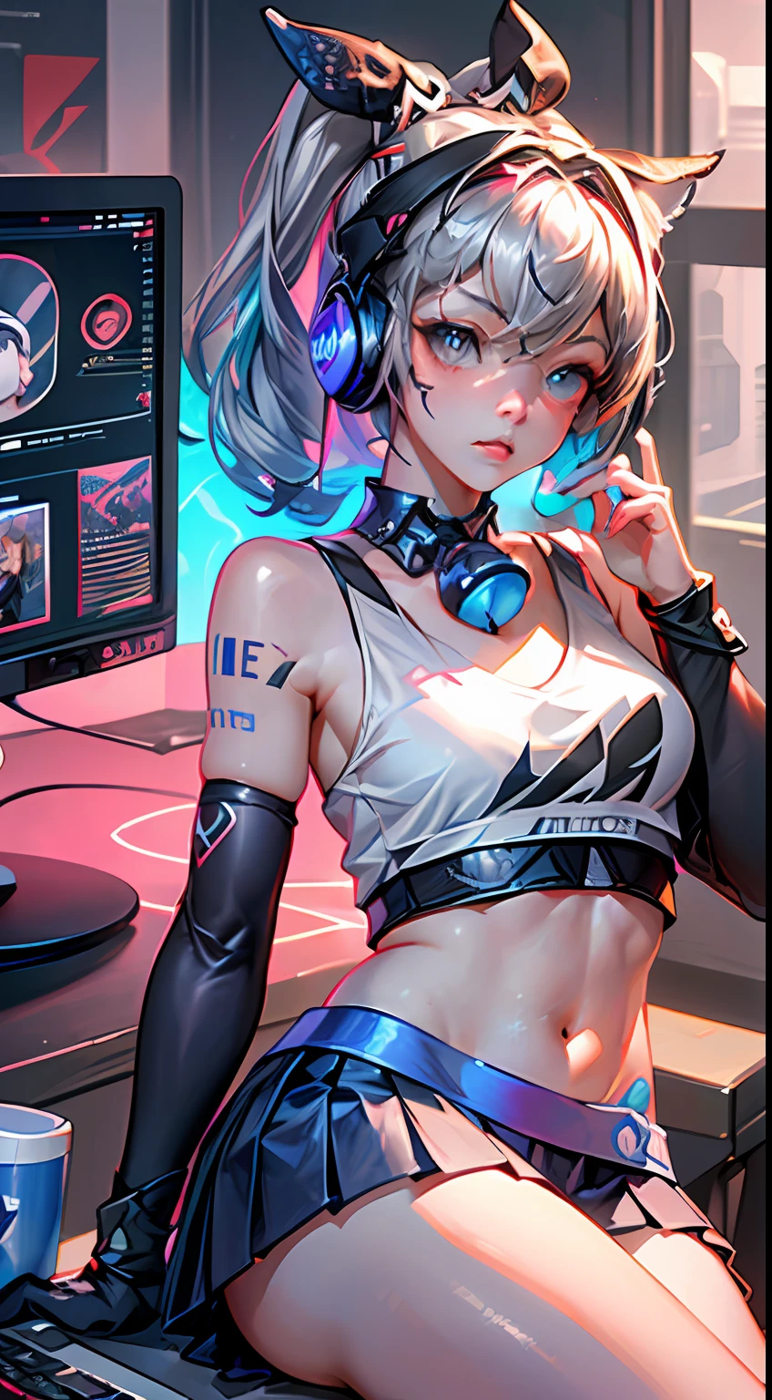 (((((7 avatar shot)))), Silver Wolf, Masterpiece, Best Quality, Ultra Detailed, Extremely Detailed 16k CG Wallpaper, Beautiful Face, (Silver Wolf in Esports Room), (Perfect Beautiful Curved Figure), Seated, Rainbow Color Jewel Eyes, Wearing Resin Hologram Sports Bra, Crop Top Drape, Mini Pleated Skirt, Bell Collar, Logo, Impotence, Contour Light, Concert, Neon Sign, Audio, Bell Collar, Esports Headset, Computer, Esports Room, Play Games, White Interior Through Red Skin, holographic projection, flat sphere, graffiti logo, highly detailed tattoo_,
Authoring information
