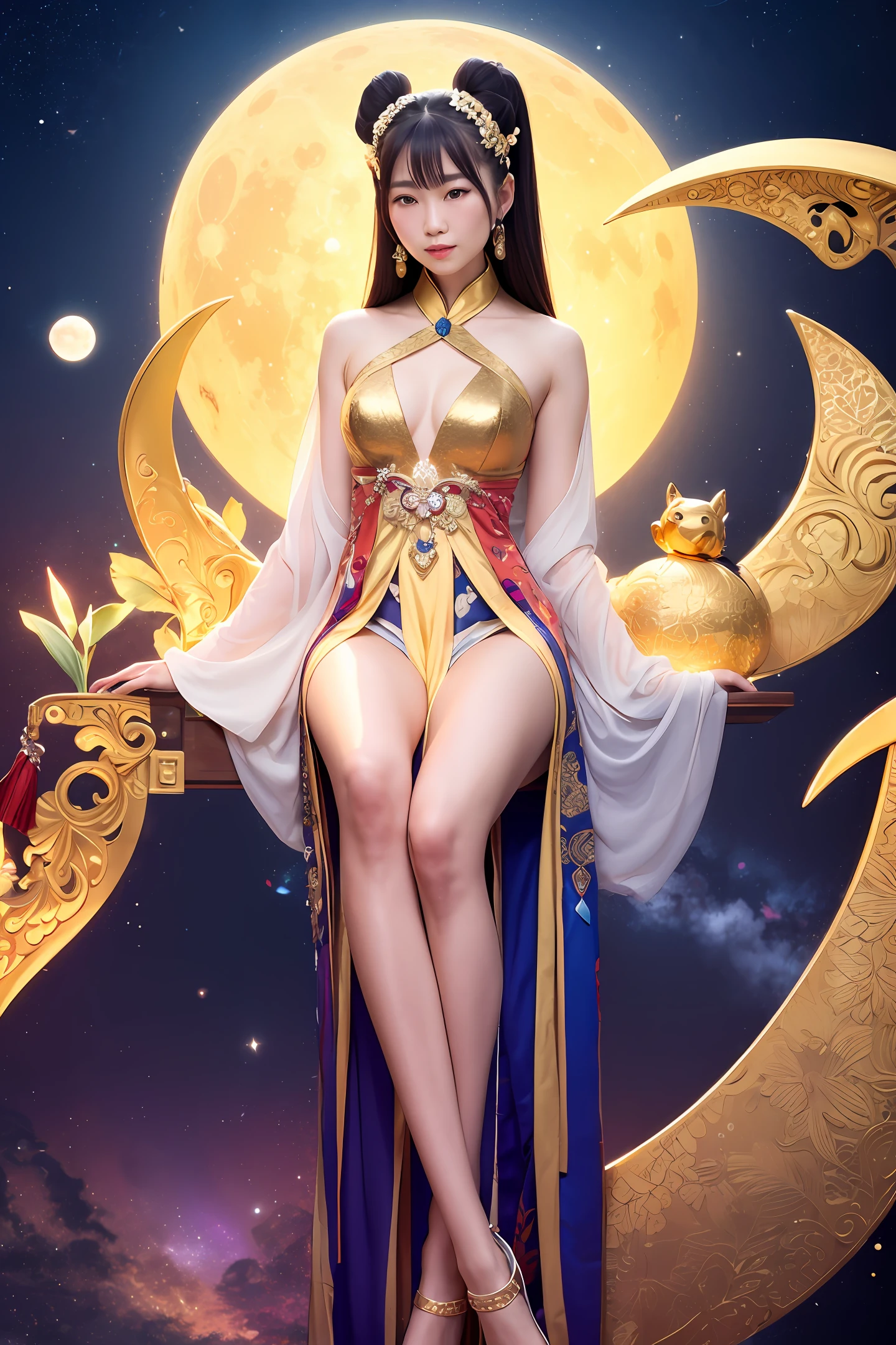 Chang'e sits on the crescent moon golden