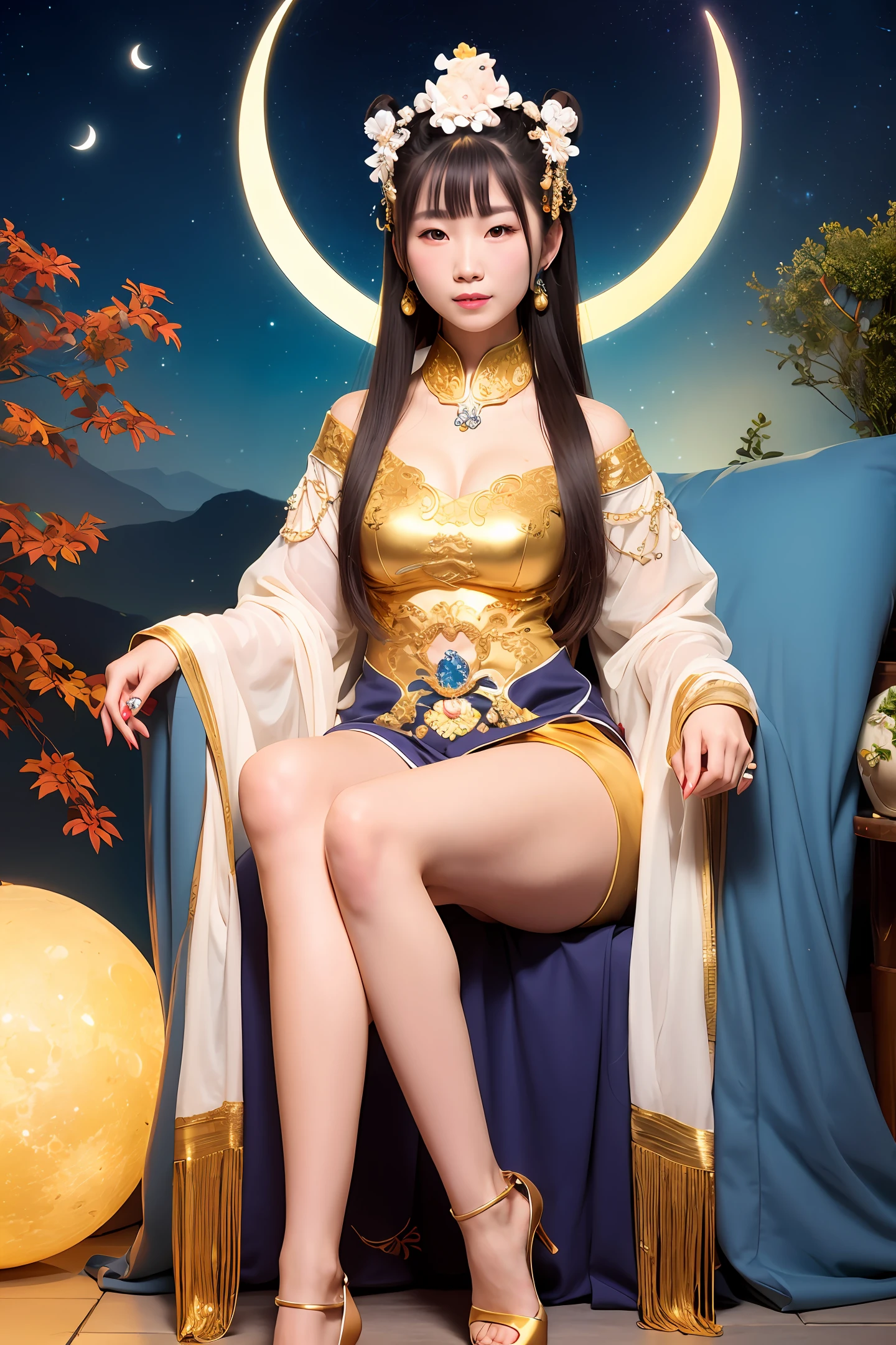 Chang'e sits on the crescent moon golden