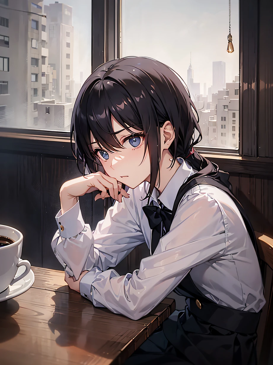 ，巨作, Best quality，8K, 超高分辨率，In a dimly lit café，The protagonist sits alone at a small table in the corner。Soft lighting spills on the tabletop，A faint halo is cast through the glass window。The protagonist holds a coffee cup in both hands，Enveloped in a melancholic atmosphere。His eyes flashed with thought and pain，As if the pain in my heart cannot be easily erased。