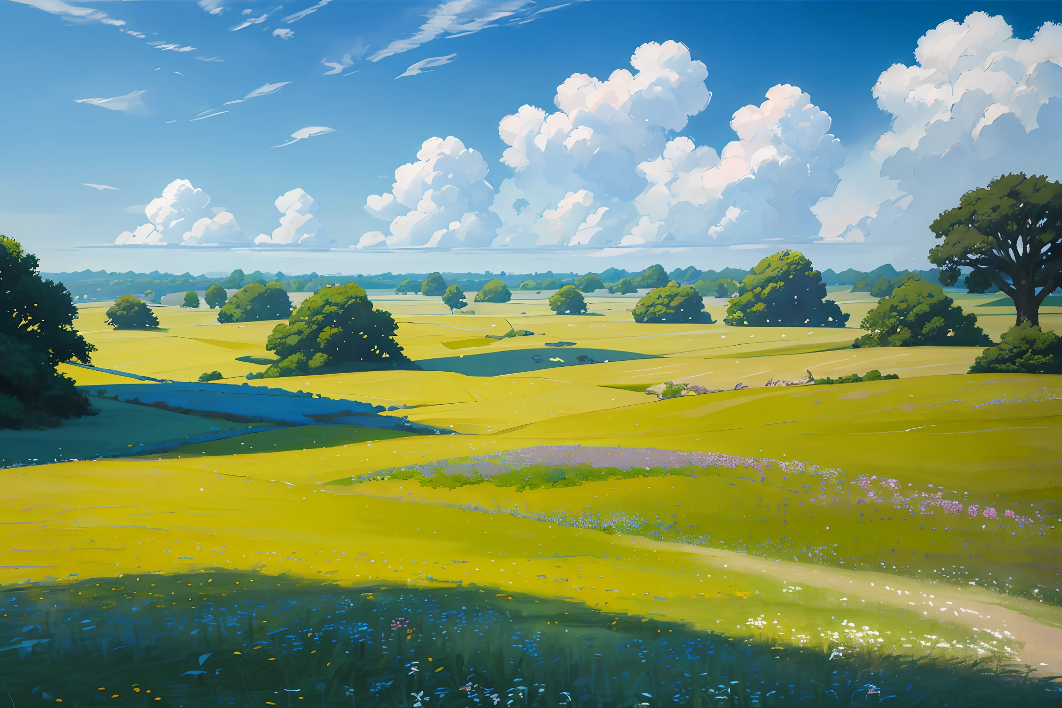 Realistic, authentic, beautiful and amazing landscape oil painting Studio Ghibli Hayao Miyazaki&#39;s petal grassland with blue sky and white clouds --v6