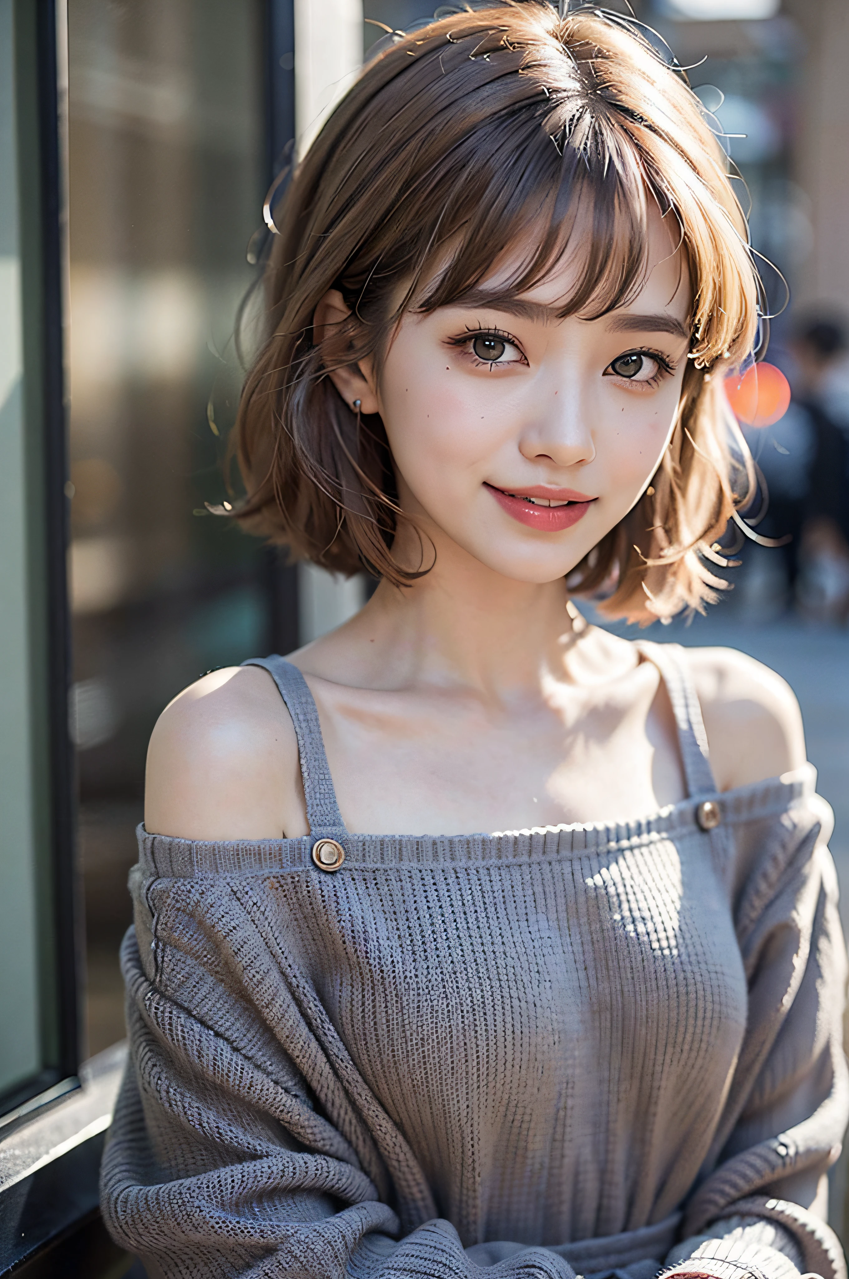 (delicate illustration:1.3)、(masterpiece:1.0)、(beste-Qualit:1.4)、(The ultra-Highres:1.2)、(Hphotorealistic:1.4)、(8K、Raw photography:1.2)、(foco nítido:1.3)、fullllbody、(23years old:1.4)、(((One girl wearing a detailed off-shoulder knitted dress)))、((Girl with short bob hair))、(((Girl with gray hair color)))、(Brightly colored clothing)、(Fashionable patterned clothes)、(((urban backdrop)))、((Brown contacts white skin))、鎖骨、hugetits、(Happy smiling face)、landscapes、bangss:1.2、beautiful detailed eye、(sface focus)、 When you look into the camera、Slimed、Slender West、Thin leg、(cute little)、(Beautiful fece)、showing the view from above、pureerosface_v1、ulzzang -6500-v1.1