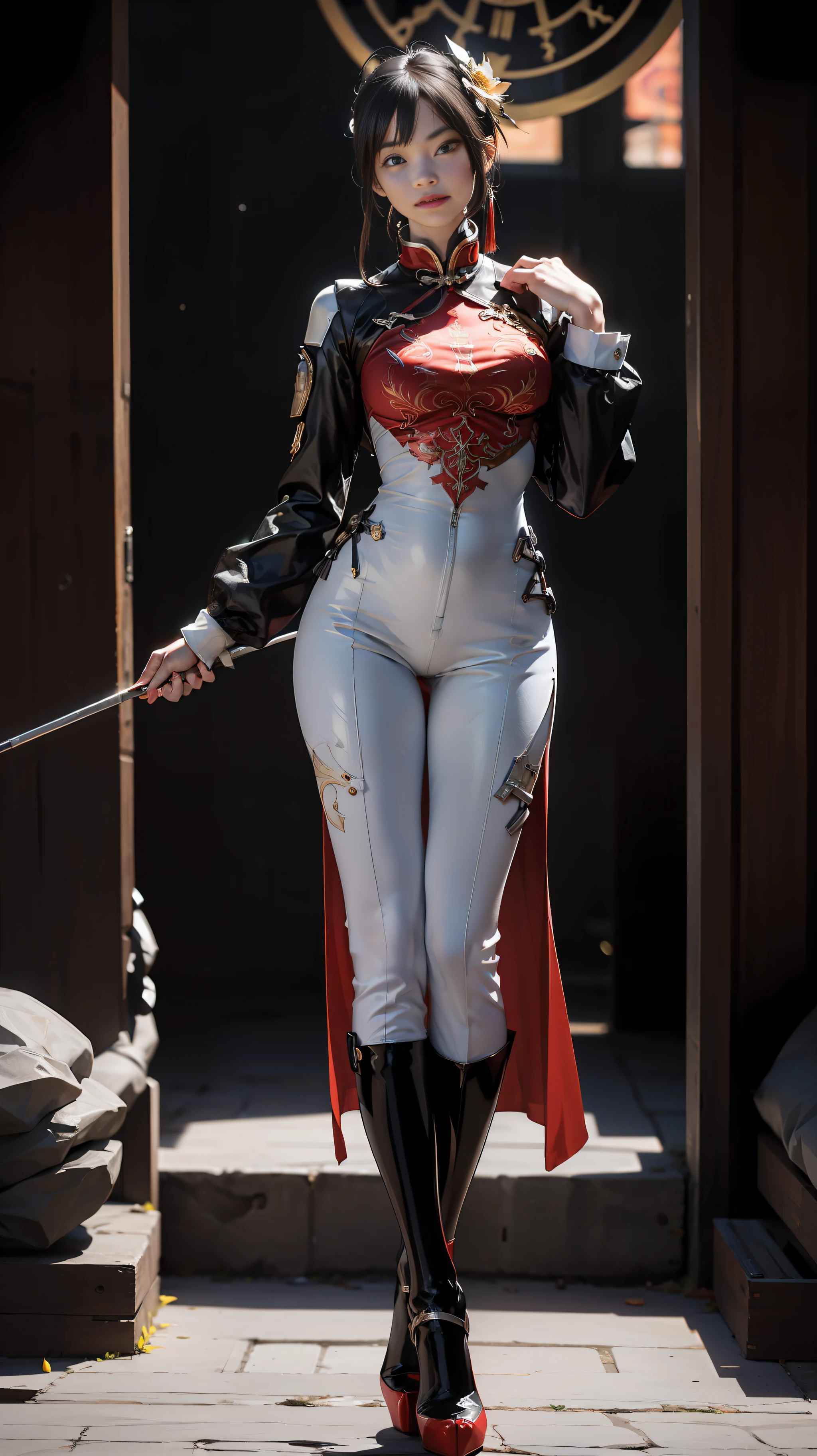 (8K,OriginalPhoto,best quailty,a masterpiece of: 1.2)(realisticlying,realisticlying: 1.37) ,best quailty,Super-High Resolution,(Photo _ Mediums) ,Chinese elements,in the cosmos,Planetary background,Mechanical girl,Red patent leather mech tights,long trousers,long-sleeves,Mechanical body,Metal armor,Complex mechanics,Simple decoration,scientific fiction,afofuturism,(Combat posture) ,dynamic blur,Crooked smile