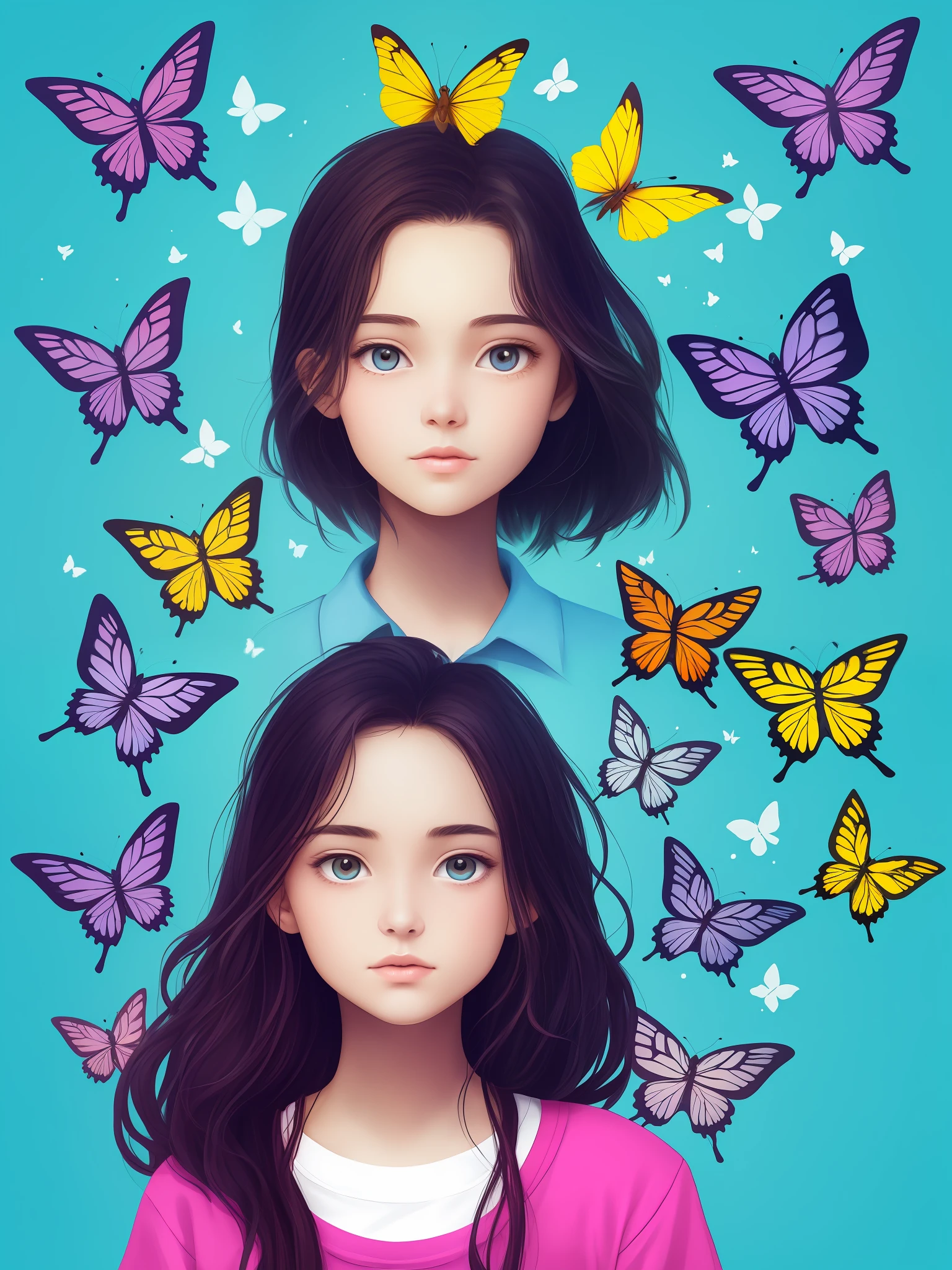 teens girl，butterflys，blue colors，Two-dimensional