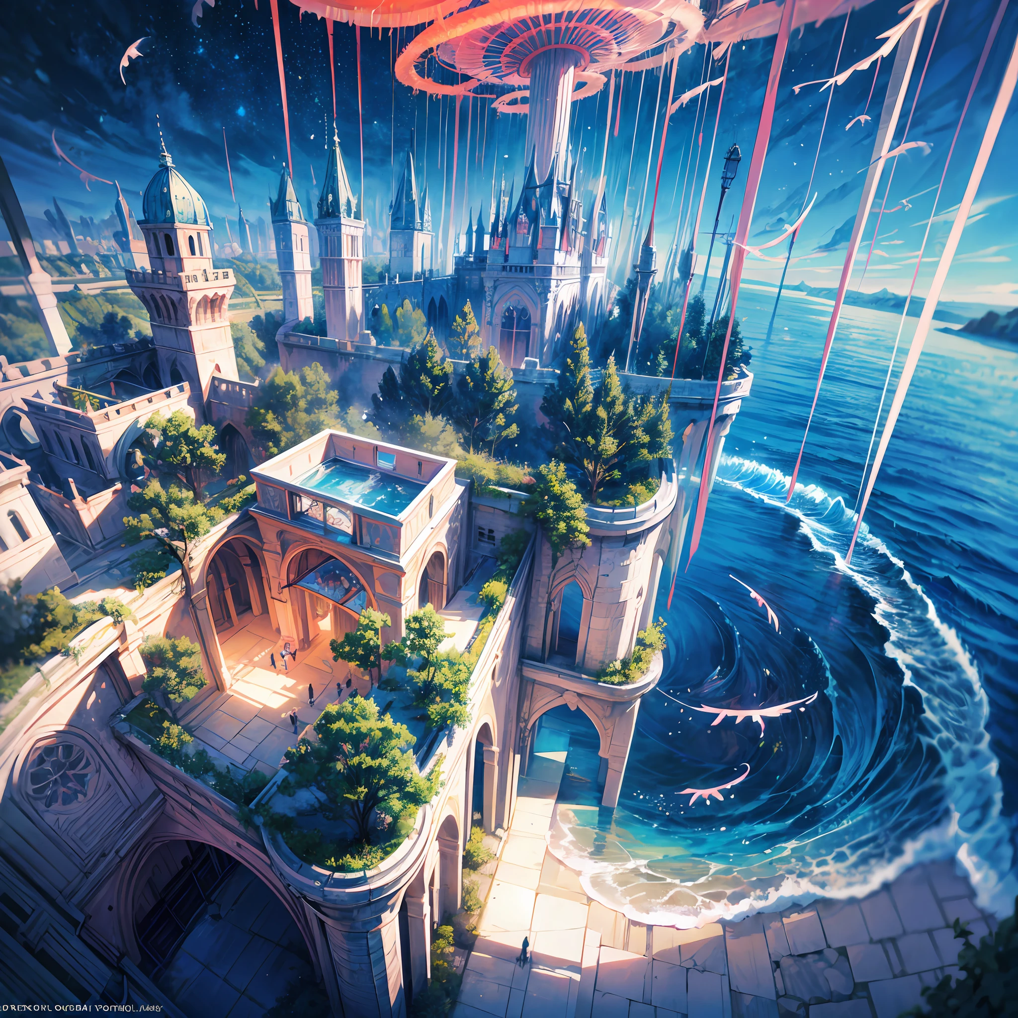 Masterpiece, High Quality, Ocean Forest, City, Fantastic Fantasy, Glowing Plants, Coral Viaduct, (Swarm of Glowing Jellyfish), (Shoal of Fish with Transparent Wings Flying in the Sky), Misty, Extreme Detail, Morning Light, Epic Composition, (Intricate Detail), (Intricate Design, Ultra Detail: 1.2), Art Station, (Masterpiece, Best Quality), Ultra HD, 32k ,castle,1girl