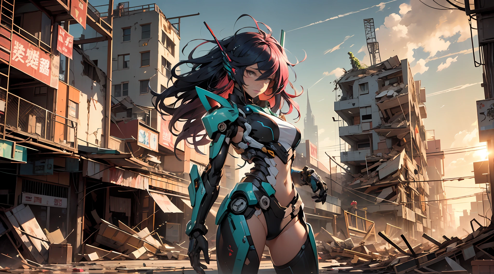 cyber-punk,sci-fy,Mechanical beauty,A large number of mechanical structures,Mechanical skeleton,Human five senses,Refined face,Clear eyes, colorful hair color,flowy,Messy hair,Very long, long hair,Fighting posture,mechs,废墟,Collapsed buildings,setting sun,the setting sun,