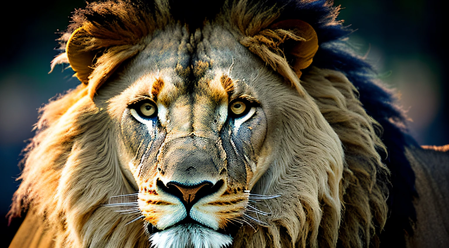 A close-up of a lion's face, iluminado pela luz de uma fogueira, tendo como pano de fundo um reino antigo.