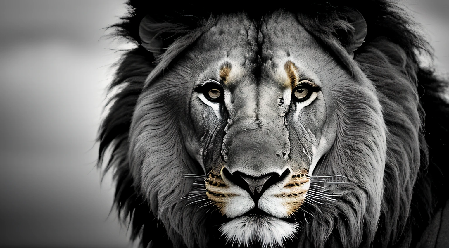 A close-up of a lion's face, iluminado pela luz de uma fogueira, tendo como pano de fundo um reino antigo.