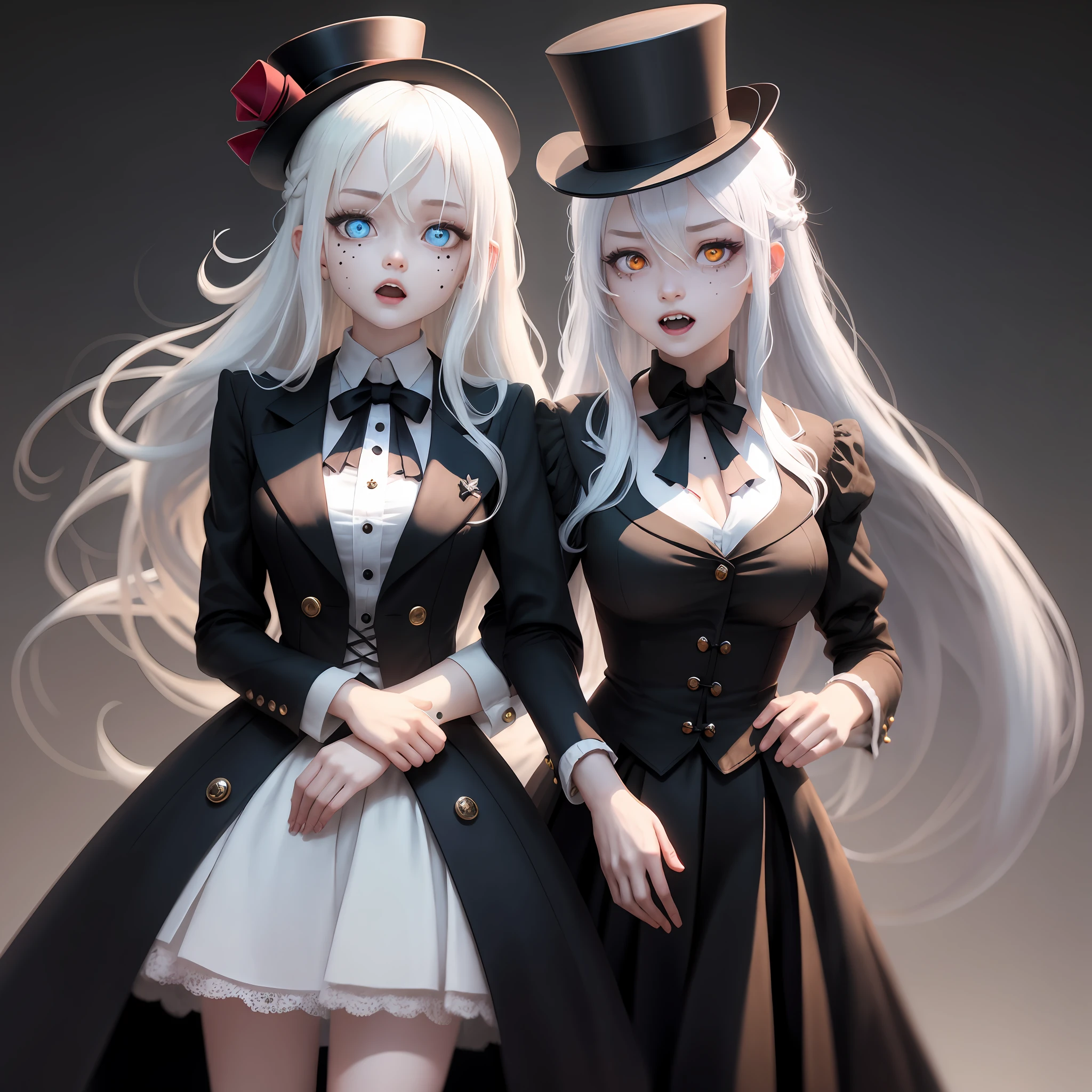 long skirt, White hair, hair on one eye, Mini top hat, Moles under eyes, Red eyes, jitome, Yandere, excited, Sleepy, poison fangs, Moles under eyes, Moles under eyes, Mini top hat, Mini top hat, Long hair, Long hair, Long hair, Long hair, Gothic art, Ray tracing, Motion blur, 巨作, 16k