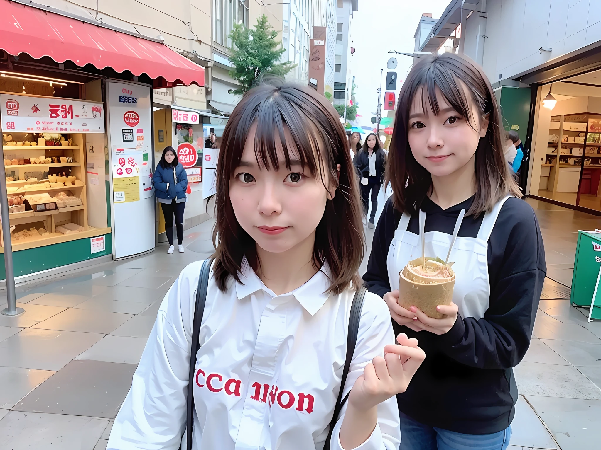there is a woman that is standing in front of a statue, standing in a city center, 8K selfie photos, taken with canon 8 0 d, in front of ramen shop, taken with sony alpha 9, low quality photo, 8K)), in city street, Middle metaverse, photo taken with canon 5d, Guviz