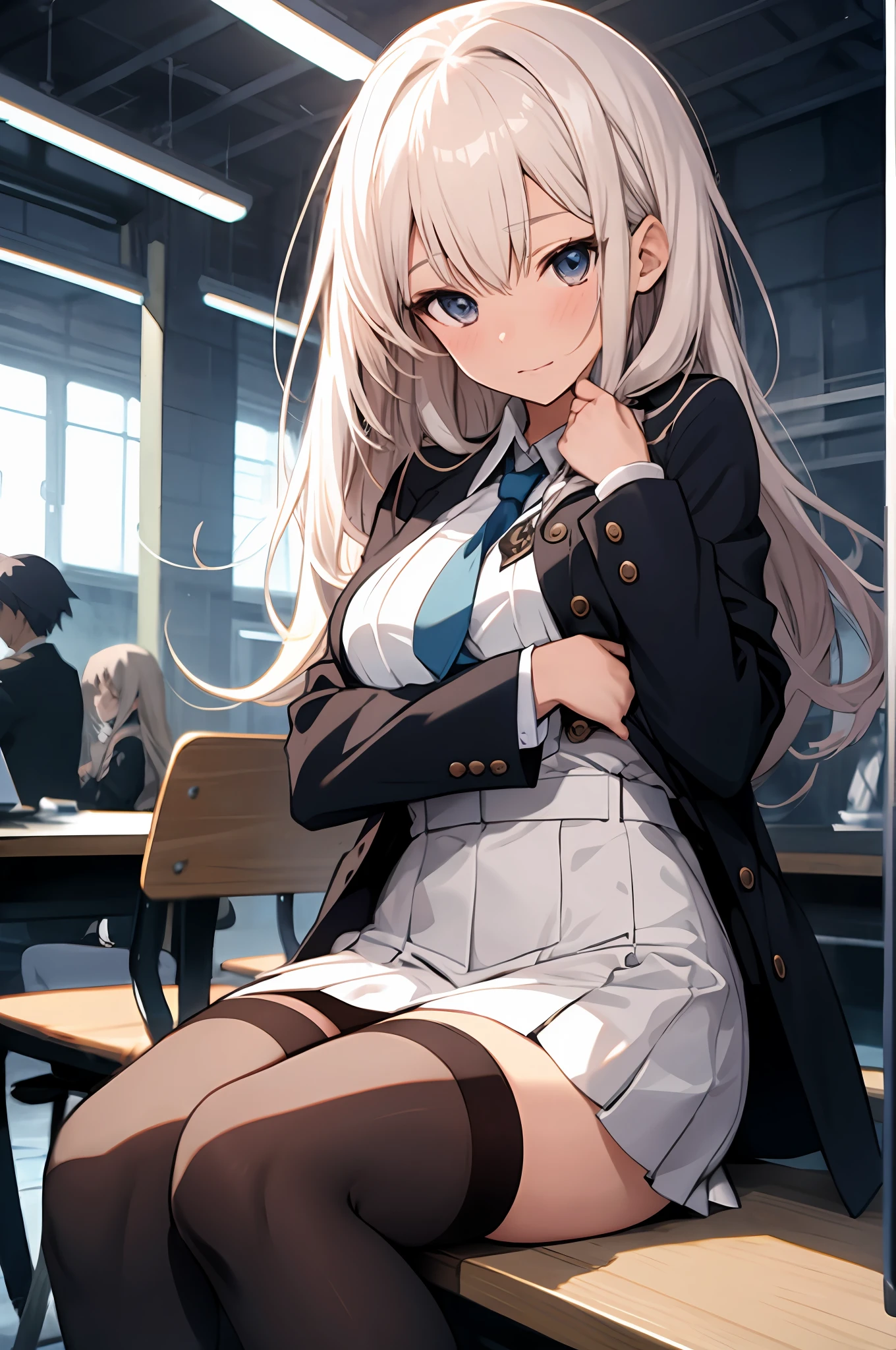 hbest quality,tmasterpiece,Anime girls,black lence stockings,JK uniform temptation,Sat down,Bare chest,breast rubbing,black long straight hair