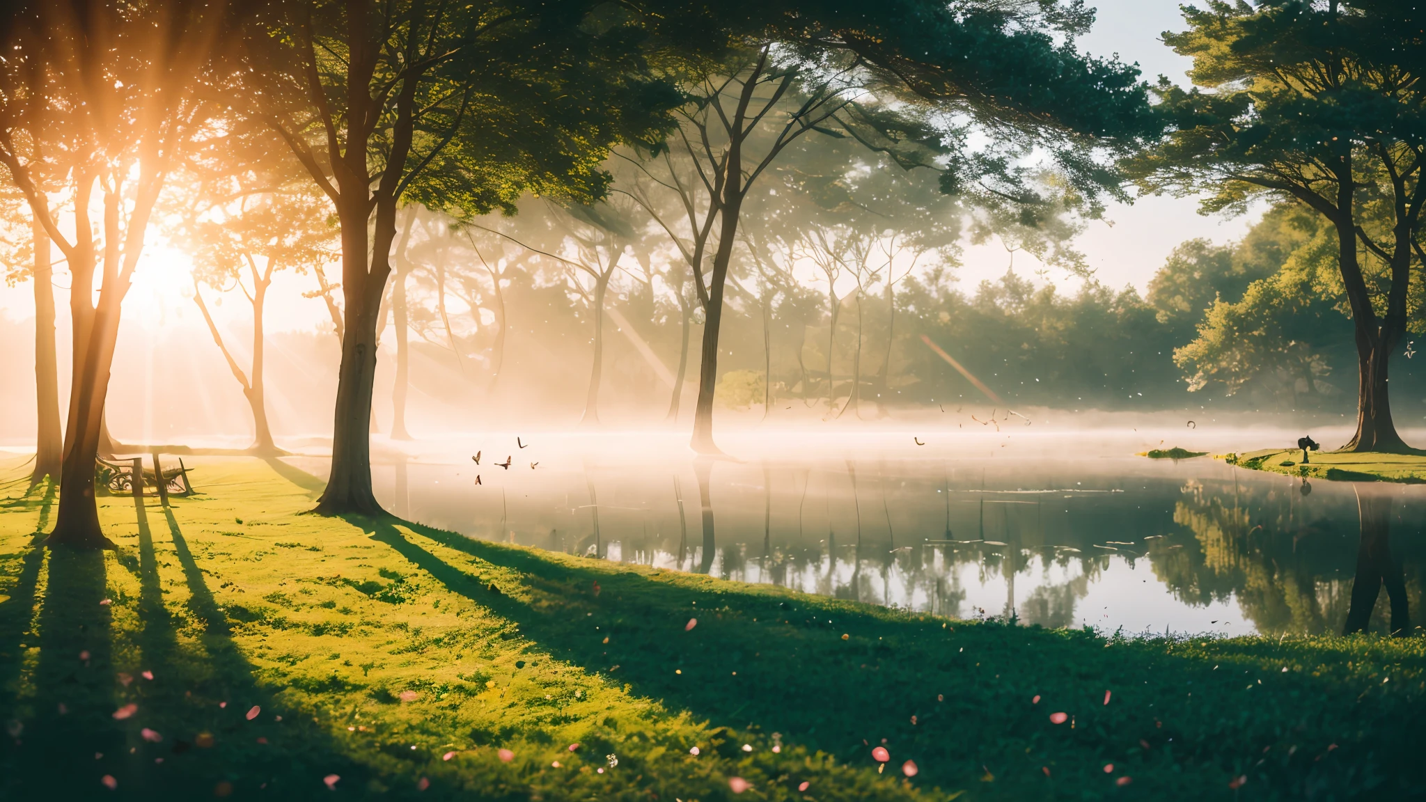 lake in forest, sony a7, film gain, sun shine, cinematic lighting, photorealistic, one-point perspective, 32k, diffused reflections, bloom, colorful shiny particles, flying colorful birds, colorful fog, colorful fluid, sunbeam, lens flare, sharp reflection light, pink big shere
