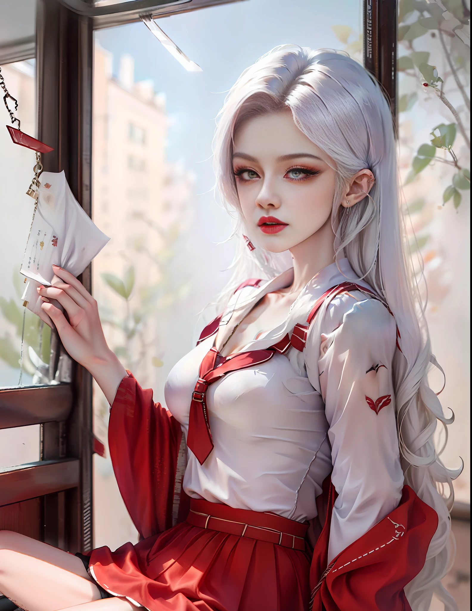 s girl,high-school student,校服,short skirt,Stockings,dual horsetail,white color hair,Red pupils