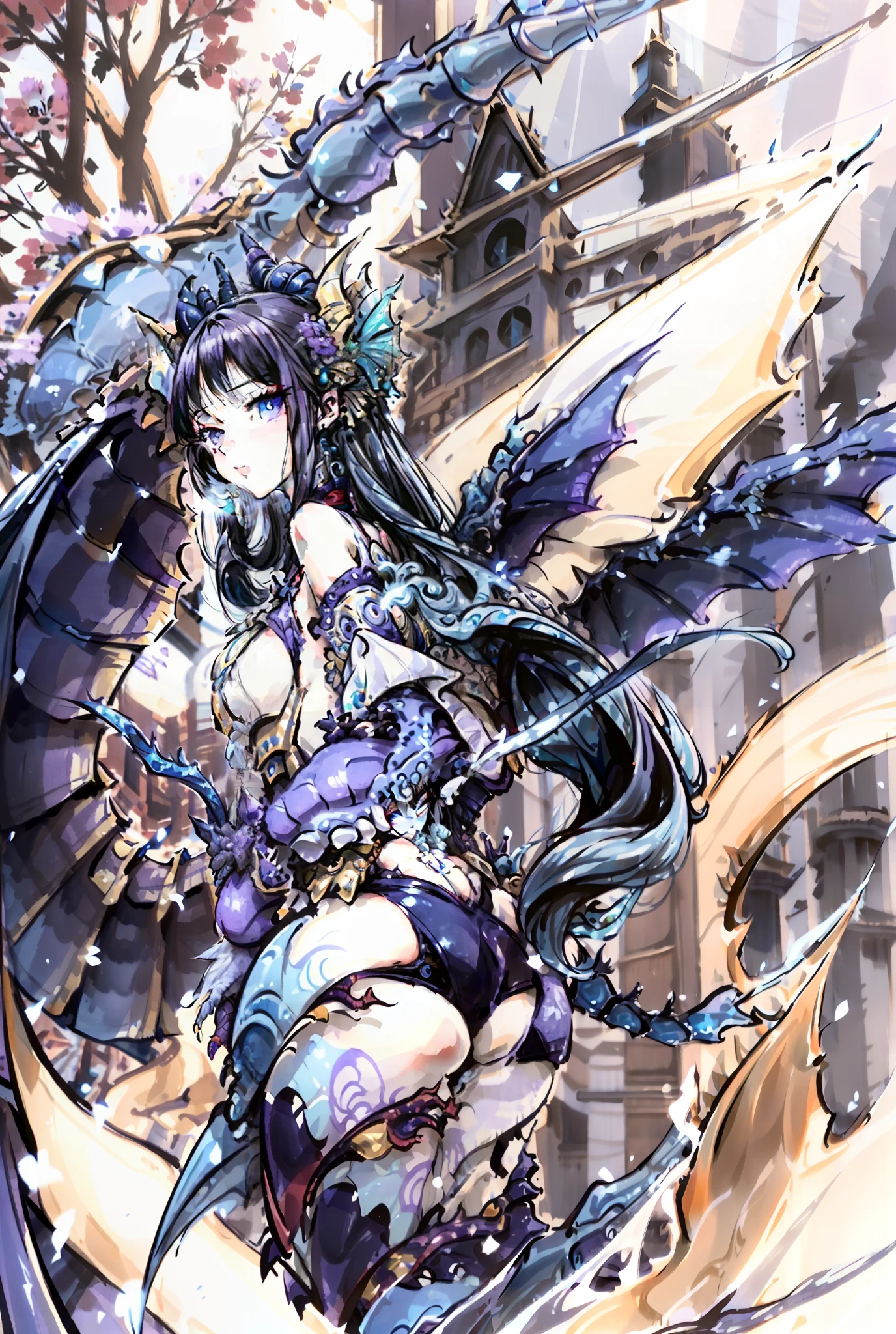 Blue Western dragon,blue hair,Blue eyes,white swimwear,Purple flowers,Bigchest,Big ass,Dragon wings,Dragon's horn,Beauthful