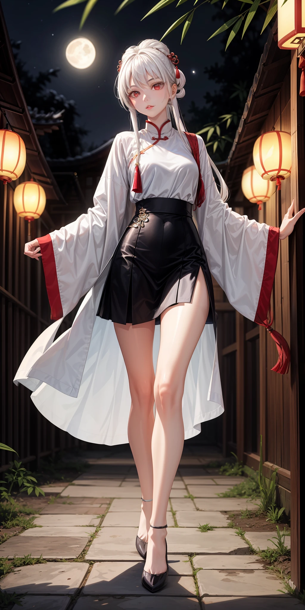 1girll,White hair,Red eyes,glowing light eyes,Cut the top,a skirt,Parting lips,Be red in the face,the night,themoon,starlights,Chinese-style courtyard,pines,bamboo forrest