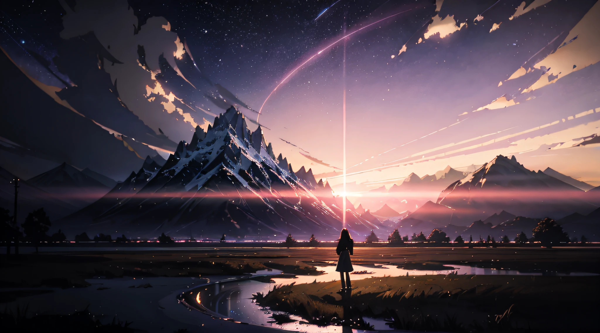 (((Makoto Shinkai style)),pixiv,anime drawing,high quality,pink purple sky,beautiful scene),(universe,train passing,magical realism,((makoto shinkai style)) ::0.8), [Artistic Atmosphere, Atmosphere:0.8, Starry Sky, Hills, Snow Mountain, Sparkling Water, Grass, Trees, Smoke, Stars, Low Angle of View, Specular Scattering,