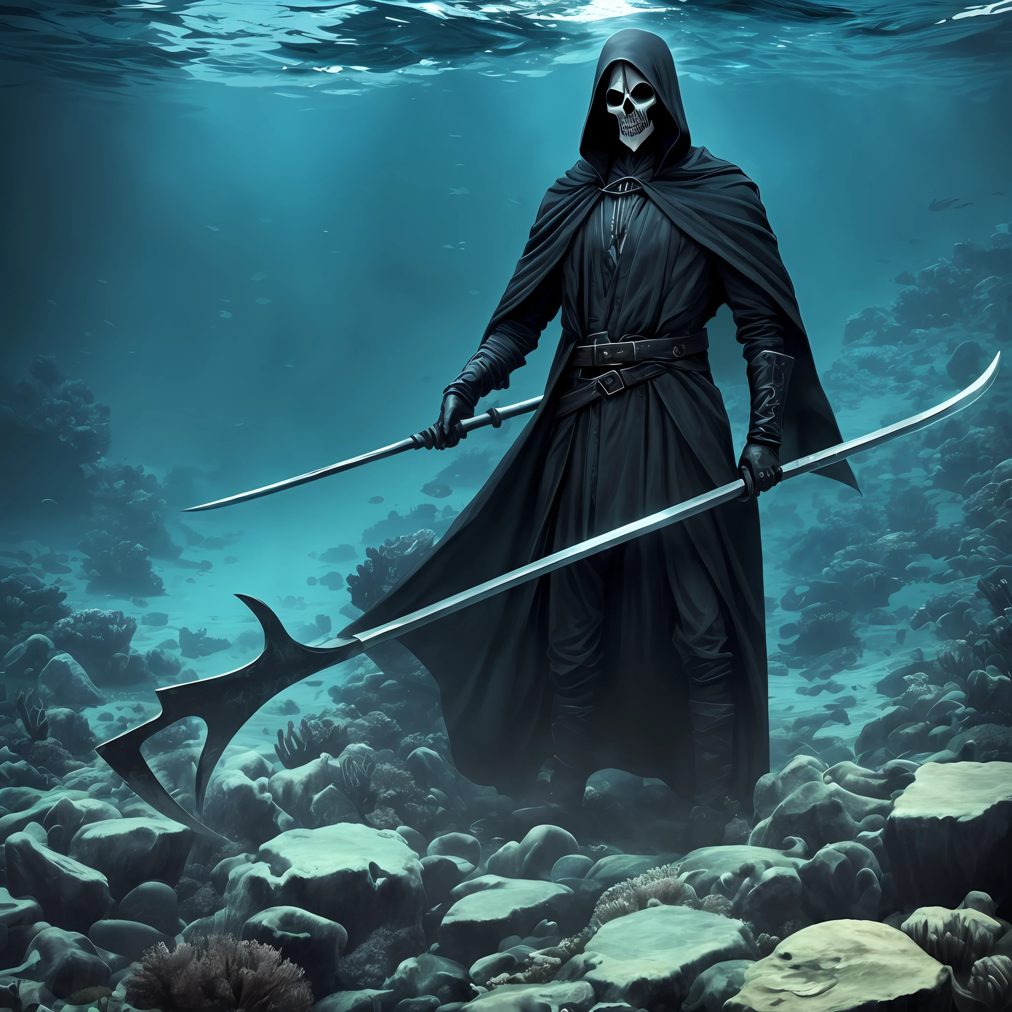 The Grim Reaper with a scythe in his hand in the deep sea --auto
