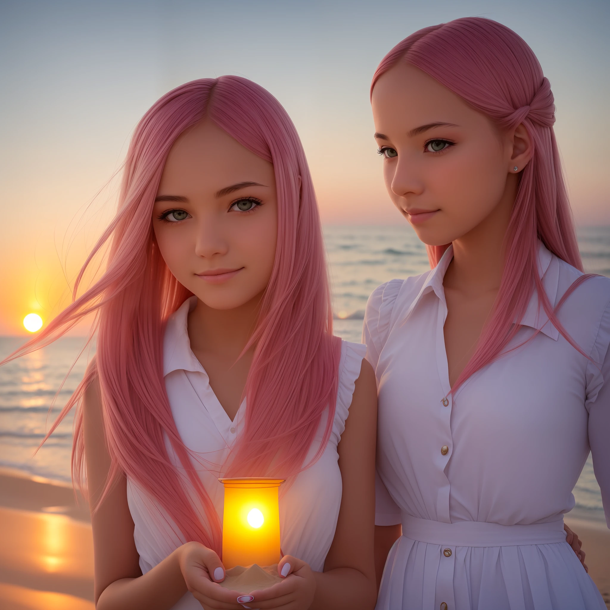 Exquisite facial features，schoolgirls，prette，Long pink hair，Blue fingernails，setting sun，white-mist，sea shell，sandbeach，lanterns，ashes，the detail，Warm light source 1.2 --auto