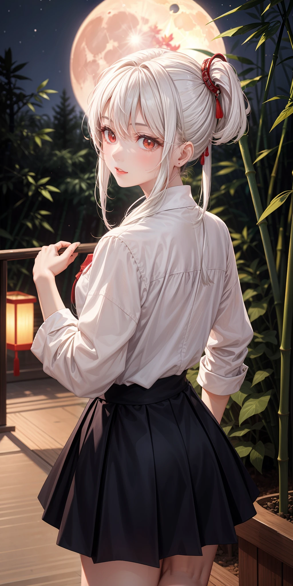 1girll,White hair,Red eyes,glowing light eyes,Cut the top,a skirt,Parting lips,Be red in the face,the night,themoon,starlights,Chinese-style courtyard,pines,bamboo forrest
