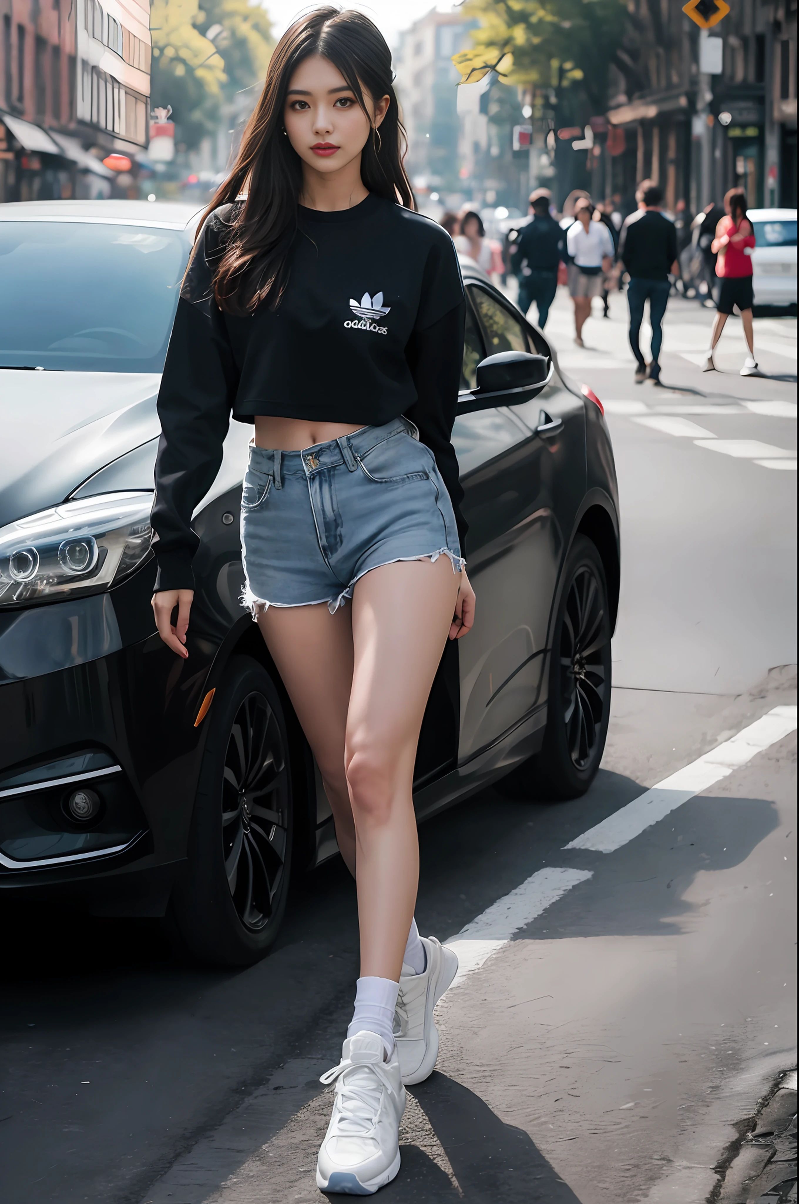 ((masterpiece)), (ultra detailed), ((realistic)), (better Quality), 1girl, Beutiful women, glamour Face, Realistic Girl, 8K, 4K, Photography, A woman wearing an Adidas outfit, Jordan shoes, (((full body:1.0))), long hair, hair band, and a beautiful face, is going shopping in a crowded street. The focus is on her, and the photography style is street photography. 8K, Photography, blurry background, Soft Light, (High Quality:1.2), 8K Smooth, Clear Facial features, Ultra Realistic, (Ultra Detailed:1.4), (Ultra Realistic:1.4), (photorealistic:1.4), realistic, photography, photoreal, (high definition :1.0),(Realism:1.4), Waist Shot(WS), (Realistic skin:1.4), (Exquisite and clear portrait:1.4), (high resolution:1.4),