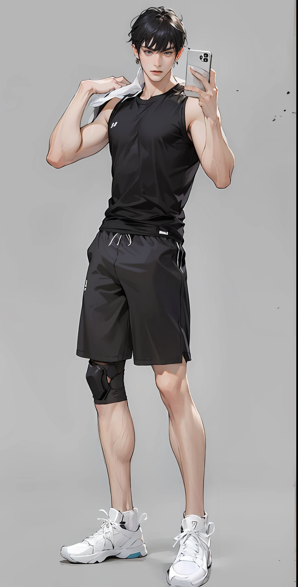 there is a man that is holding a cell phone and posing, young man with short, sports clothing, emma watson as a tall nba player, full-body-shot, tight black tank top and shorts, long shot from back, wearing black shorts, sport clothing, full body portrait shot, fullbody shot, sport shorts, full body picture, man standing in defensive pose, inspired by Yanjun Cheng