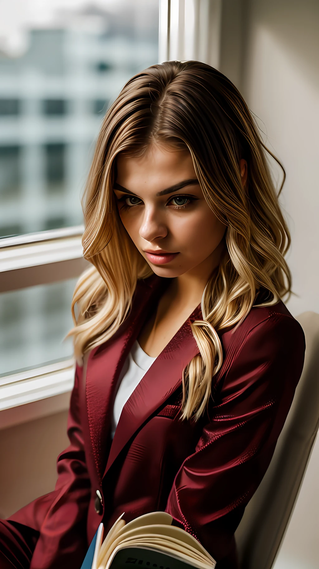 (sharp focus:1.2), photo, beautiful young woman, 23 years old, (pretty face:1.1), detailed eyes, lush lips, (cat makeup:0.85), (wavy hair), (long, blonde hair), (female light skin), wearing (a burgundy suit) young woman sitting on a chair reading a book, reading magazine, smart woman, home office, Jovana Rikalo, young businesswoman, (moody lighting: 1.2), depth of field, bokeh , 8K, photorealistic, super detailed