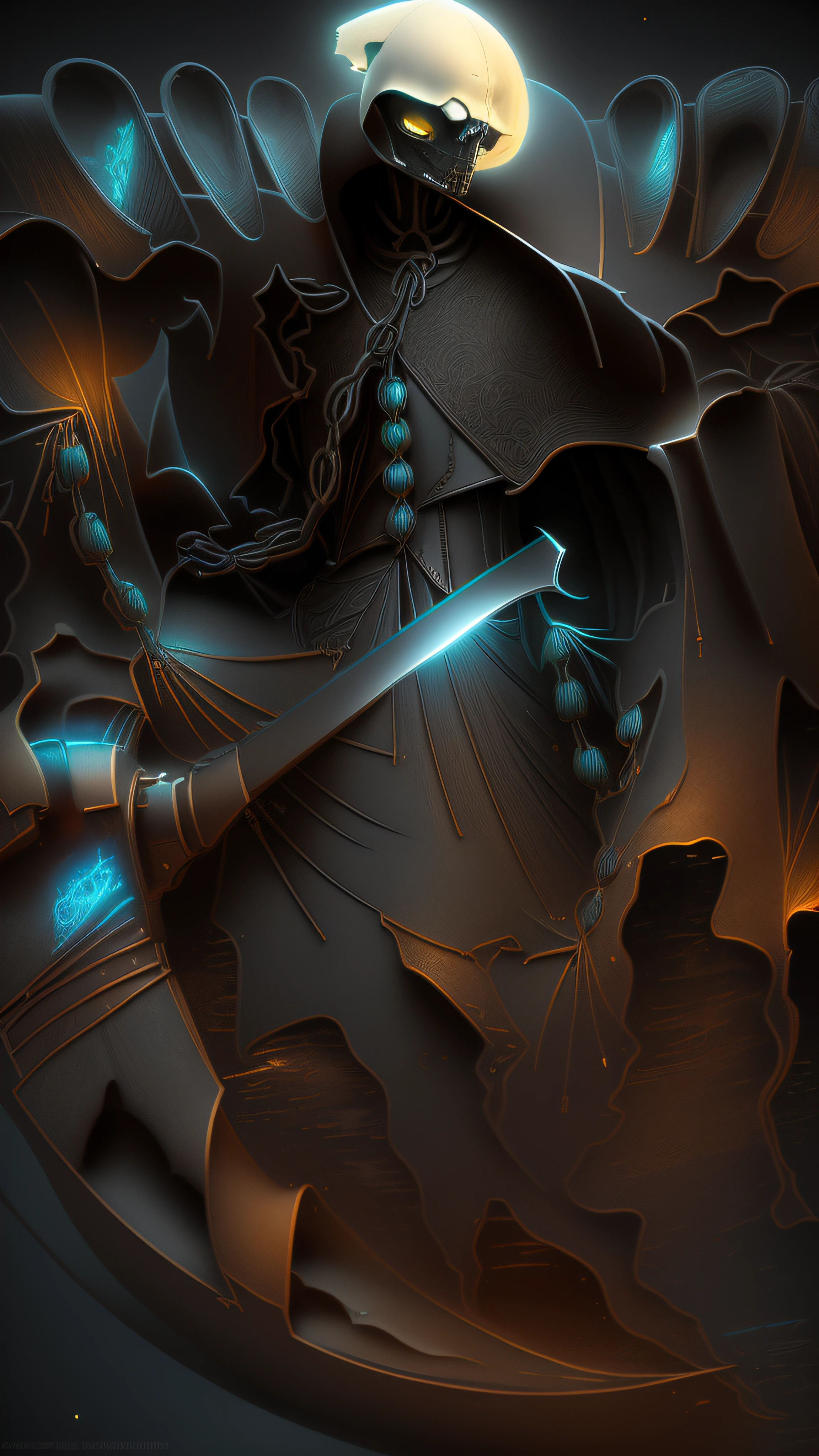 there is a man in a costume holding a sword in a forest, pintado como uma arte conceitual de jogo, arte de fantasia digital 3d detalhada, manto texturizado de tecido antigo medieval, Vencedor do concurso Polycount, arte conceitual estilizada, arte conceitual sombria, arte conceitual acabada, Vencedor do concurso Artstation, cavaleiro morto-vivo, arte conceitual arcana, Epic Fantasy Digital Art Style, representation of Death, foice reluzente, 3D-rendering, Raytraced, ray-traced, Fulgurar, Bokeh, NVIDIA
