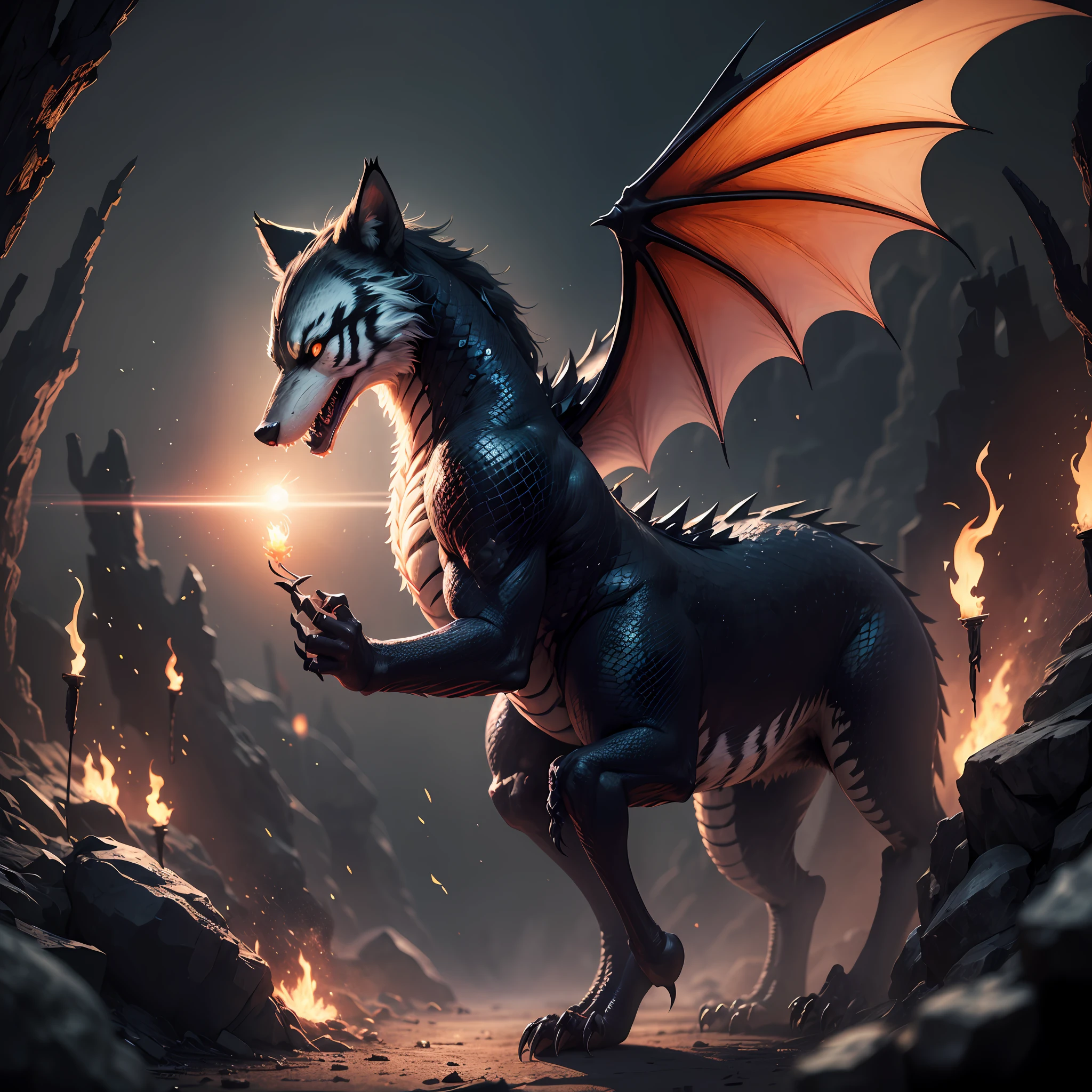 Looks like a giant wolf,The hair is pitch black,Tiger claws and hooves,Nine wings on the back,Wings like sickles,The tail is like a dragon python,Face five eyes,Hideous and terrifying,The whole body exudes a dark aura,It's like turning the world into eternal night。 --auto