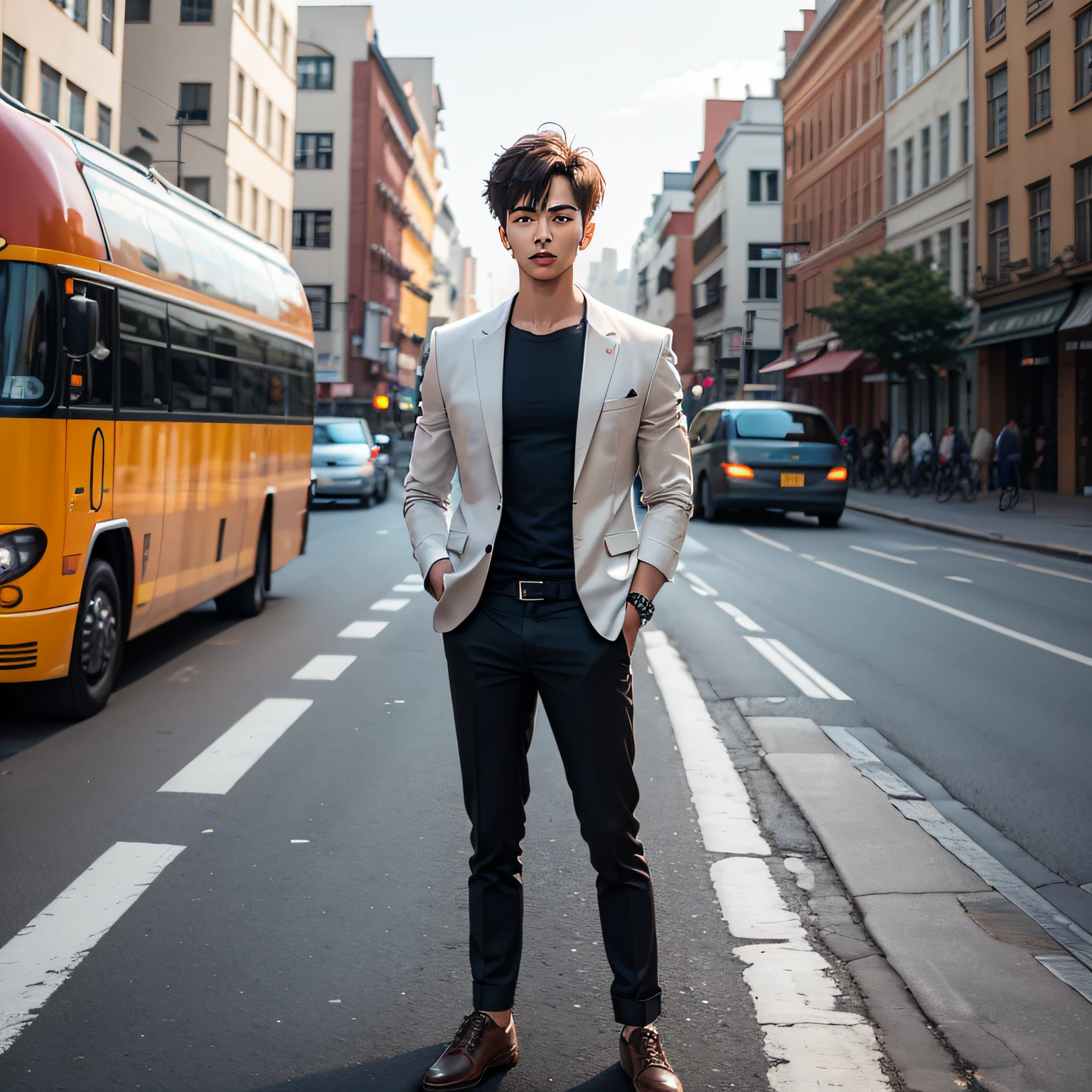 Sunny handsome boy standing in the middle of the road --auto