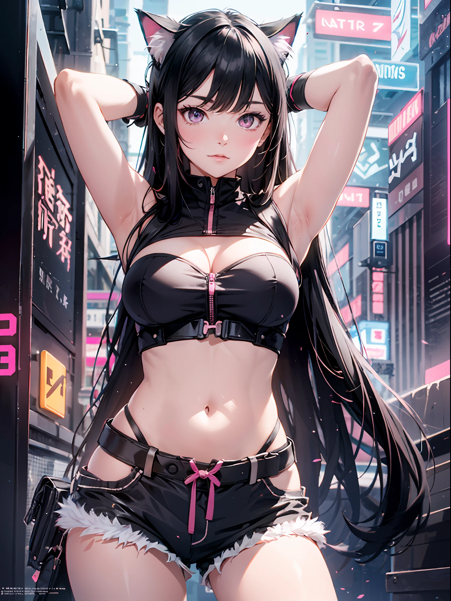 backlight,cyberpunk city,(ninja),(cat girl),(()),parted bangs,black hair,pink_eyes,standing,presenting armpit,strapless tank top, navel cutout,shorts,(loli),ngerless gloves,tail,pov hands,portrait,
