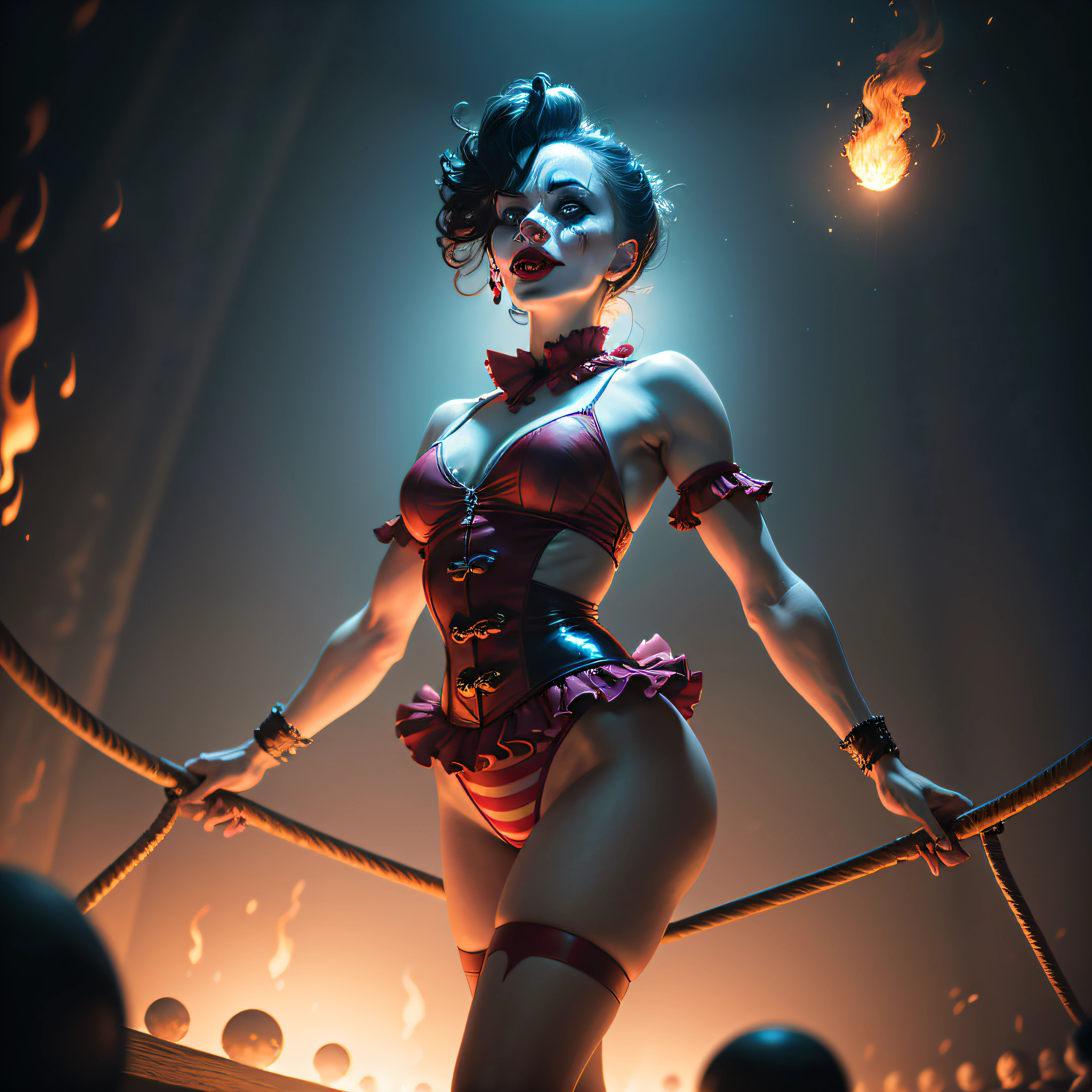 Malevolent Circus Tricks An image showcasing an evil clown performing twisted and dangerous tricks, such as juggling flaming objects or walking on a tightrope suspended over a pit of darkness, Ultra realism, color field printing, high detail, UHD, 8k, anatomically correct, cinematic lighting 4d quality --auto
