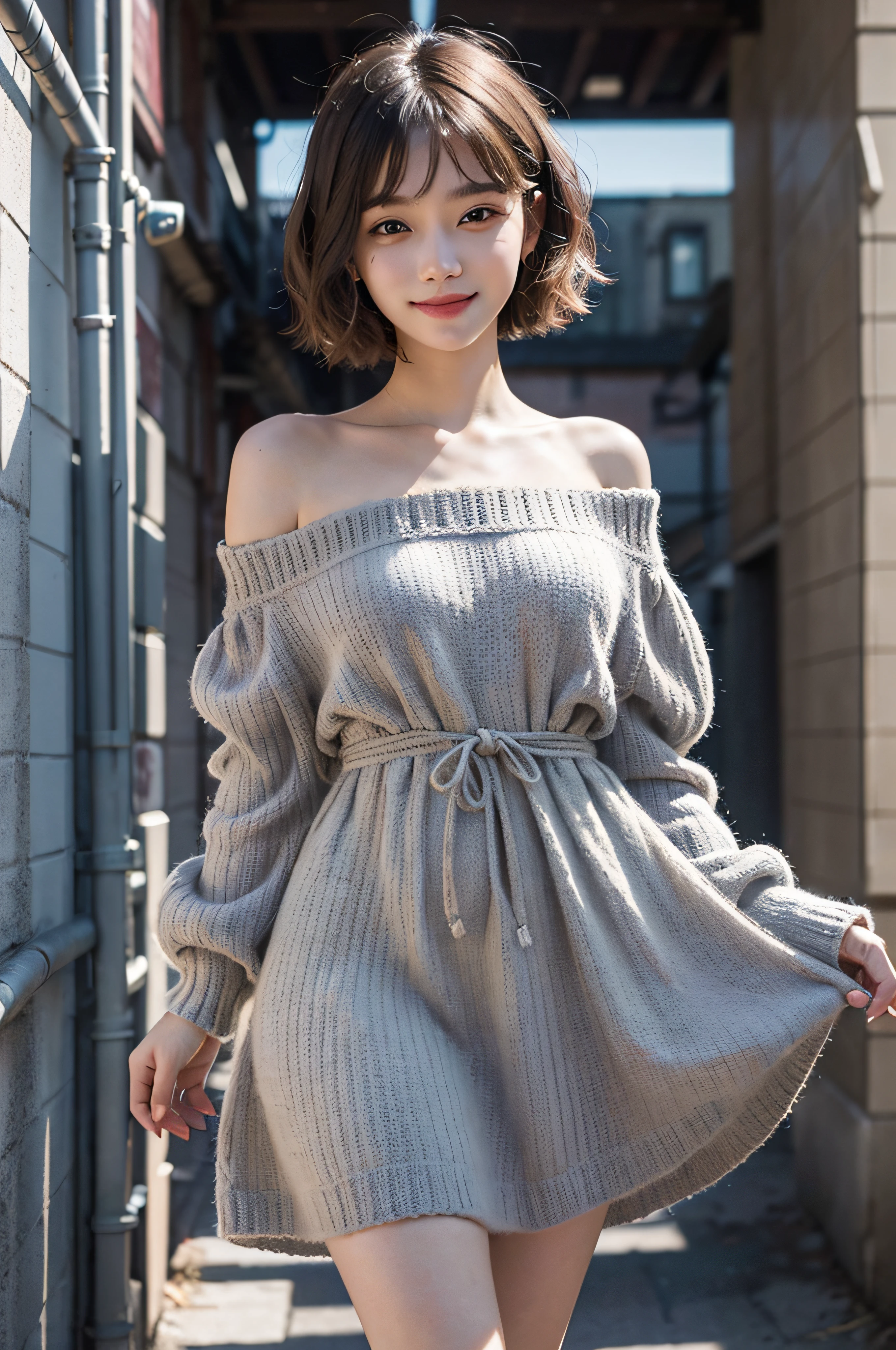 (delicate illustration:1.3)、(masterpiece:1.0)、(beste-Qualit:1.4)、(The ultra-Highres:1.2)、(Hphotorealistic:1.4)、(8K、Raw photography:1.2)、(foco nítido:1.3)、fullllbody、(23years old:1.4)、(((One girl wearing a detailed off-shoulder knitted dress)))、((Girl with short bob hair))、(((Girl with gray hair color)))、(Brightly colored clothing)、(Fashionable patterned clothes)、(((urban backdrop)))、((Brown contacts white skin))、鎖骨、hugetits、(Happy smiling face)、landscapes、bangss:1.2、beautiful detailed eye、(sface focus)、 When you look into the camera、Slimed、Slender West、Thin leg、(cute little)、(Beautiful fece)、showing the view from above、pureerosface_v1、ulzzang -6500-v1.1