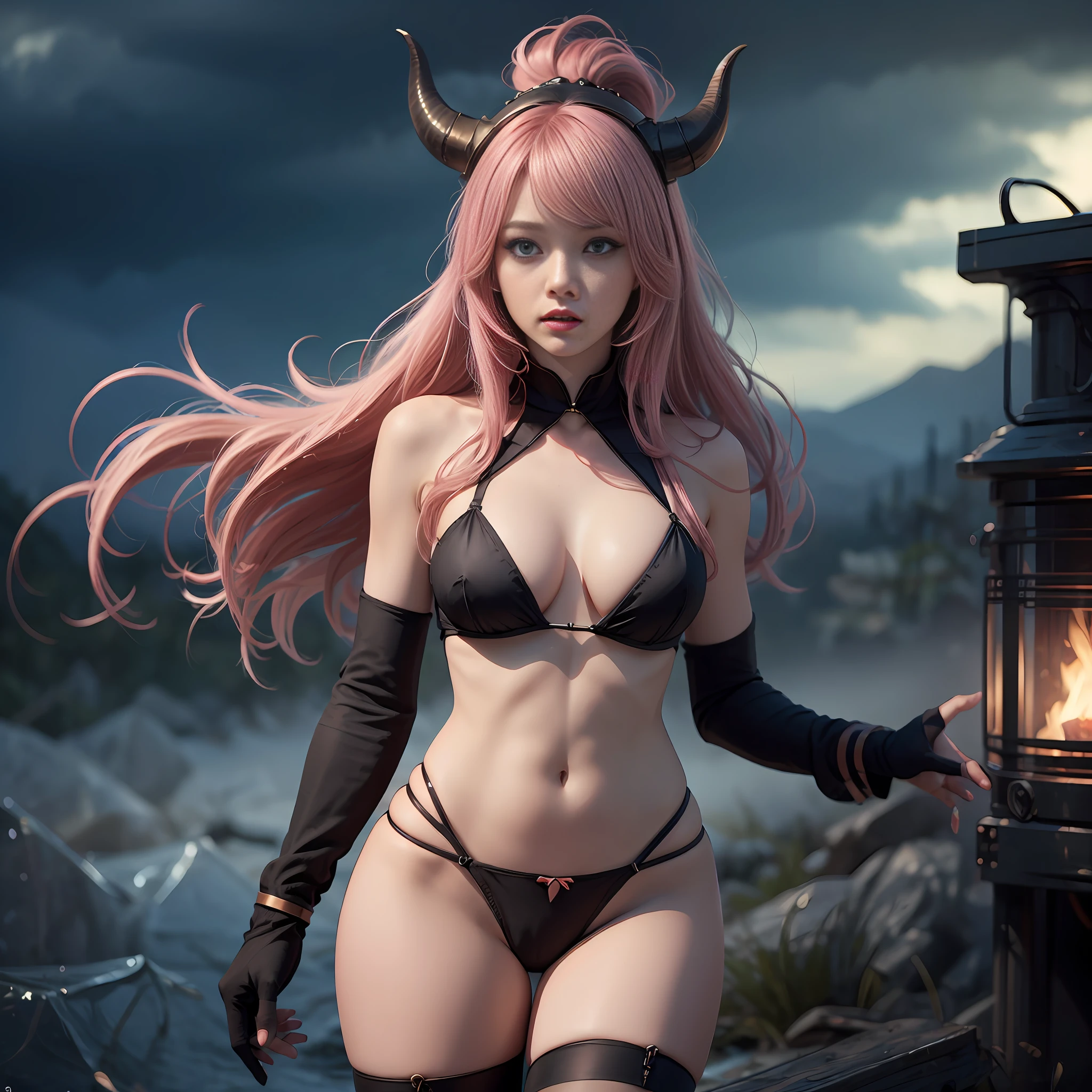 pink  hair，black lence stockings，Green eyes，smallunderboob，military outfits，army boots，There are red horns on the head，excellent body，二重まぶた ，eventide，full bodyesbian，Tall --auto