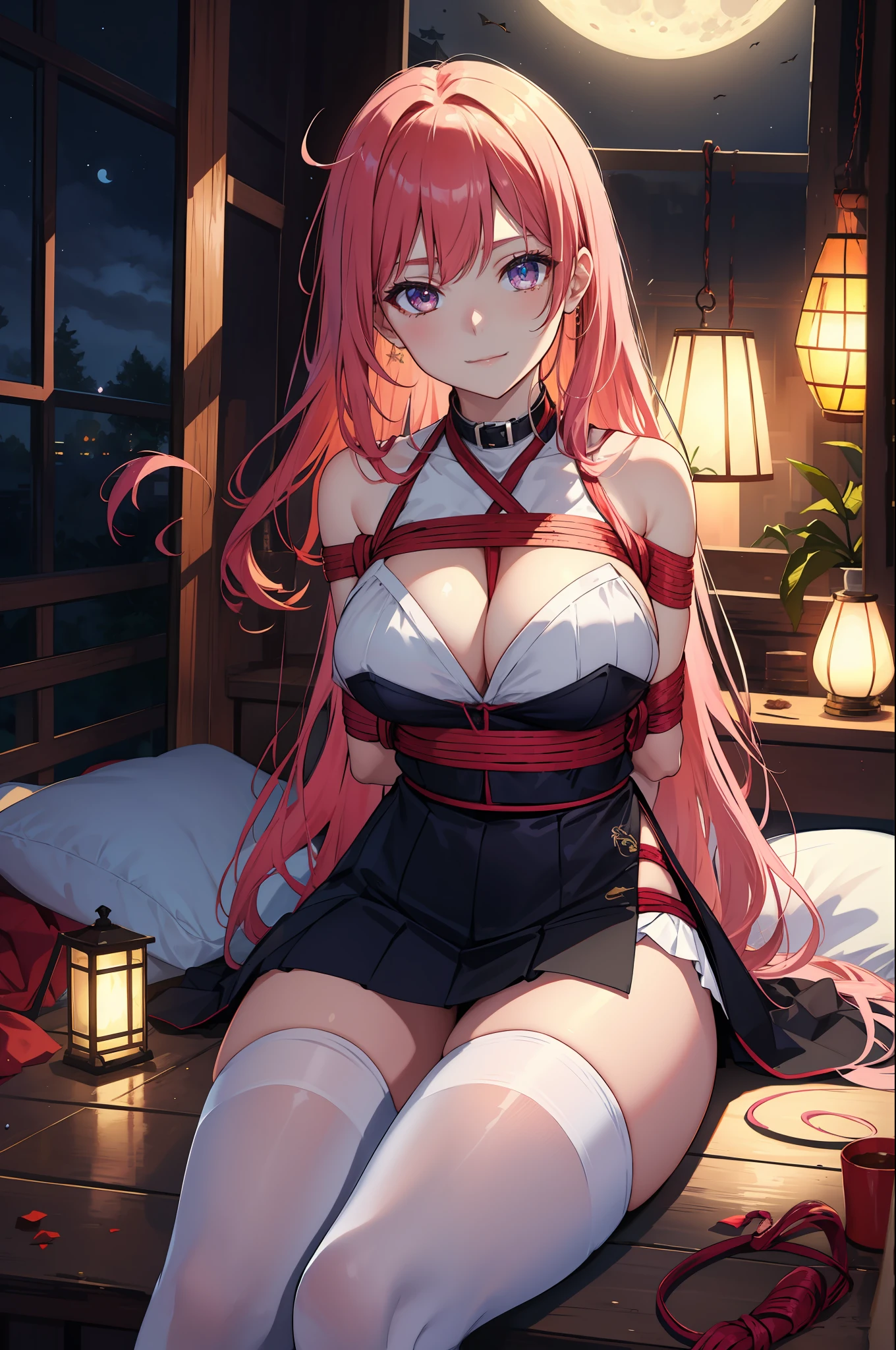 Bound whole body, Behind the arm, A high resolution, HighestQuali, illustratio, ultra detali, (Detailed face), (Detailed eyes), gentlesoftlighting, Best quality at best, ultra detali, tmasterpiece, looking looking at viewer, ssmile, 1girll, 独奏, blone hair, Large breasts, 校服, a skirt, (a color), full bodyesbian, Hut, janelas, the night, themoon,on the beds