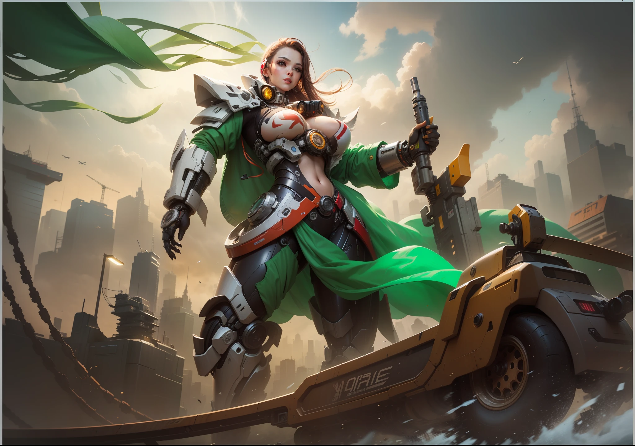 Highest quality, outstanding detail, super high resolution, (fidelity: 1.4), best illustration, favor details, close-up, a mecha girl with a delicate and beautiful face, ((red and white semi-mechanical body: 1.8)), (big breast: 1.2), sexy, belly button, cleavage, riding on a motorcycle, cyberpunk, futuristic, mechanical aesthetics, complex machinery, background is a high-tech lighting scene of the futuristic city, virtual engine 5, perfect detail rendering, octane rendering, ultra HD