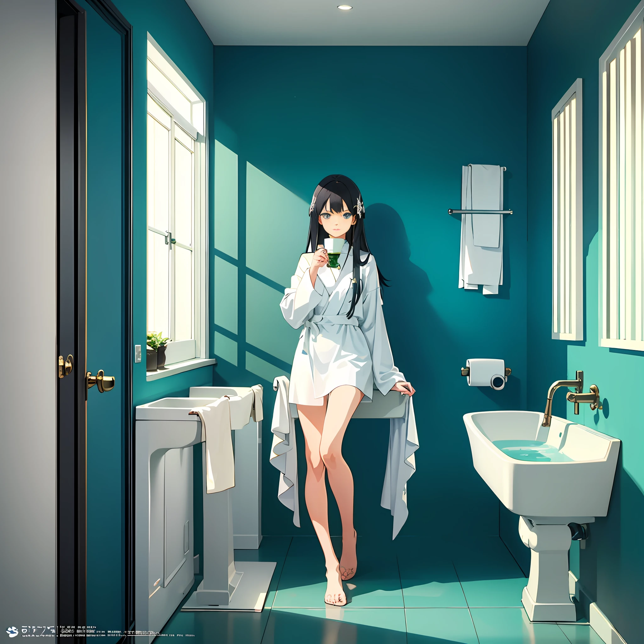 (Anime style 4K, High detail official artwork),inside bathroom, white bathrobe, long hair girl, Gothic vintage girl, Arknight characters,mudrock， Quarterback position, Holding green tea stationery, Step on the bidet, Water mist, Create a relaxed atmosphere.