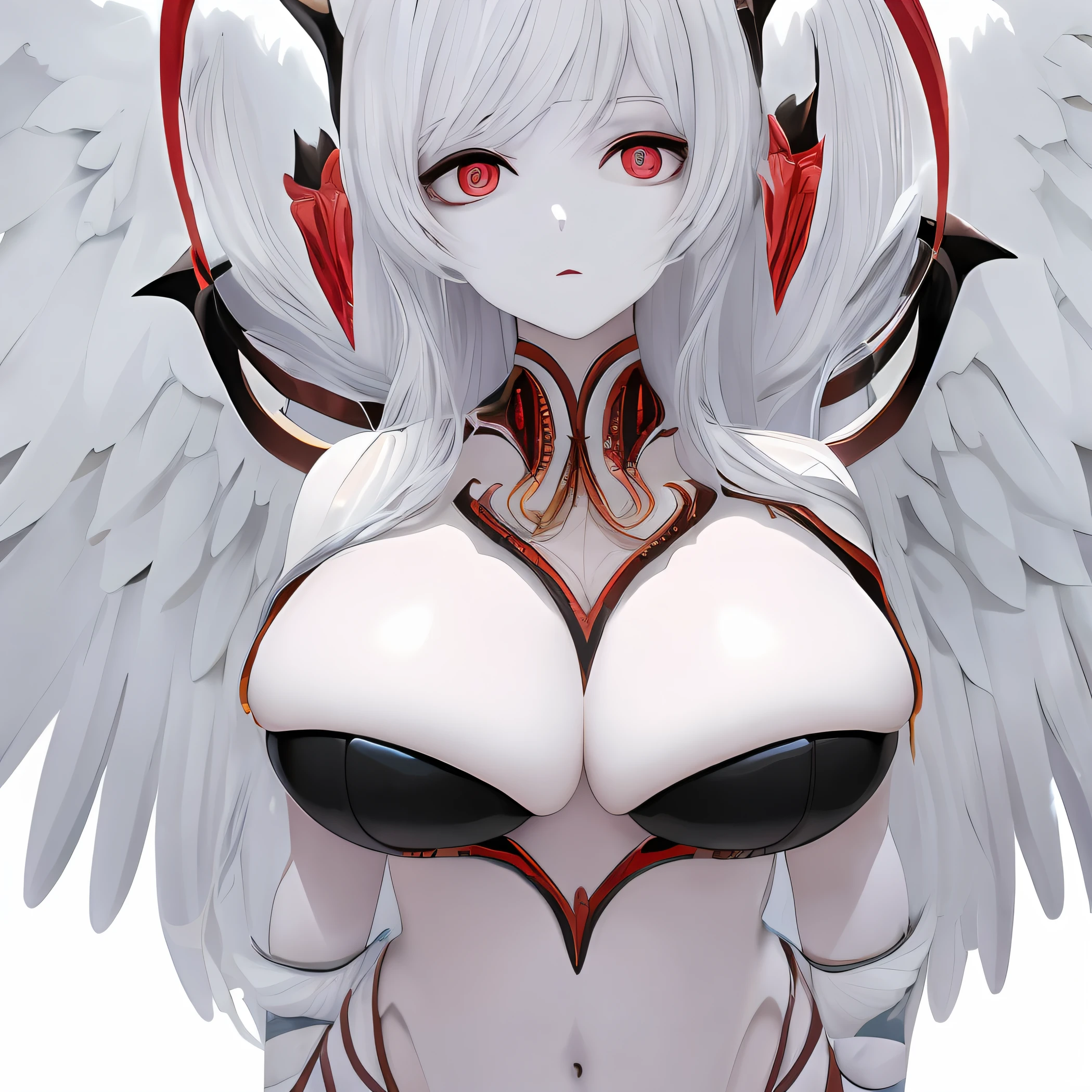 photorealestic,Big breasts female,Angel face,Devil figure,hugetits,Slim waist,red pupils,White feathers,Look up at the perspective,White,Posture seduction,The expression is pure(tmasterpiece、hbest quality、high high quality、A high resolution、ultra-delicate)、right