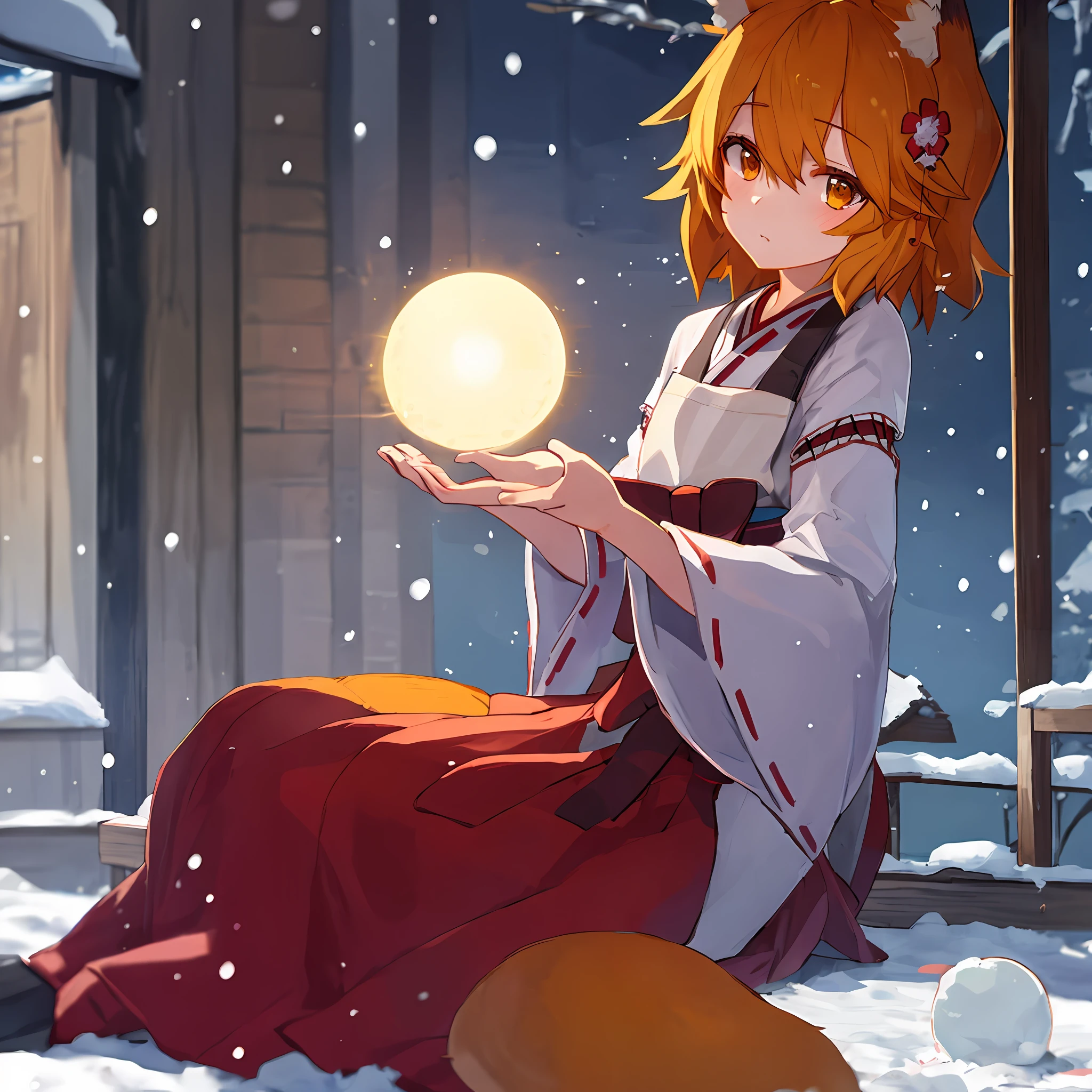 best quality, masterpiece, ultra-detailed, illustration, (detailed light:1.05), cinematic lighting, detailed background, detailed face, detailed eyes, sen, animal ears, fox ears, fox girl, fox tail, hair flower, hair ornament, orange eyes, orange hair, short hair, tail, flat chest, 1 girl, solo, kimono, miko, japanese clothes, winter, snow, snowman, snowball, sun day, kneeling