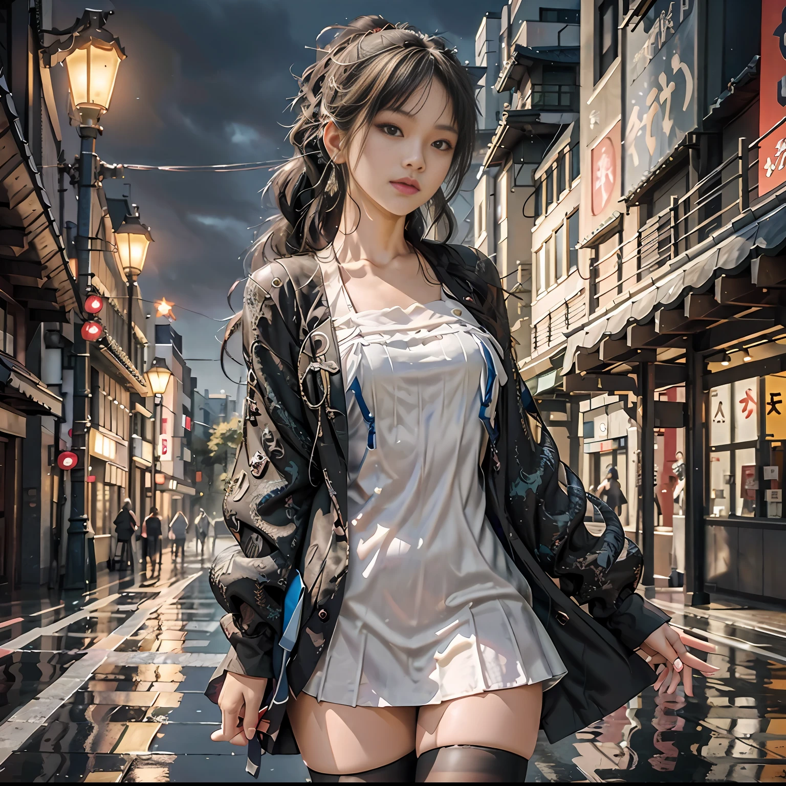 araffe asian woman in a short dress and jacket walking down a street, cyberpunk anime girl, trending on cgstation, female cyberpunk anime girl, Anime girl in real life, cyberpunk streetwear, Anime style mixed with Fujifilm, dreamy cyberpunk girl, wearing cyberpunk streetwear, Guviz-style artwork, cyberpunk beautiful girl, Cyberpunk girl, Hyper-realistic cyberpunk style，(巨作:1.2), (Best quality:1.3), Shallow_Sunset, 1girll, Standing, cowboys_Shot, straw_Hat, swimsuit, dress, Shorts, flower, starfish, --auto