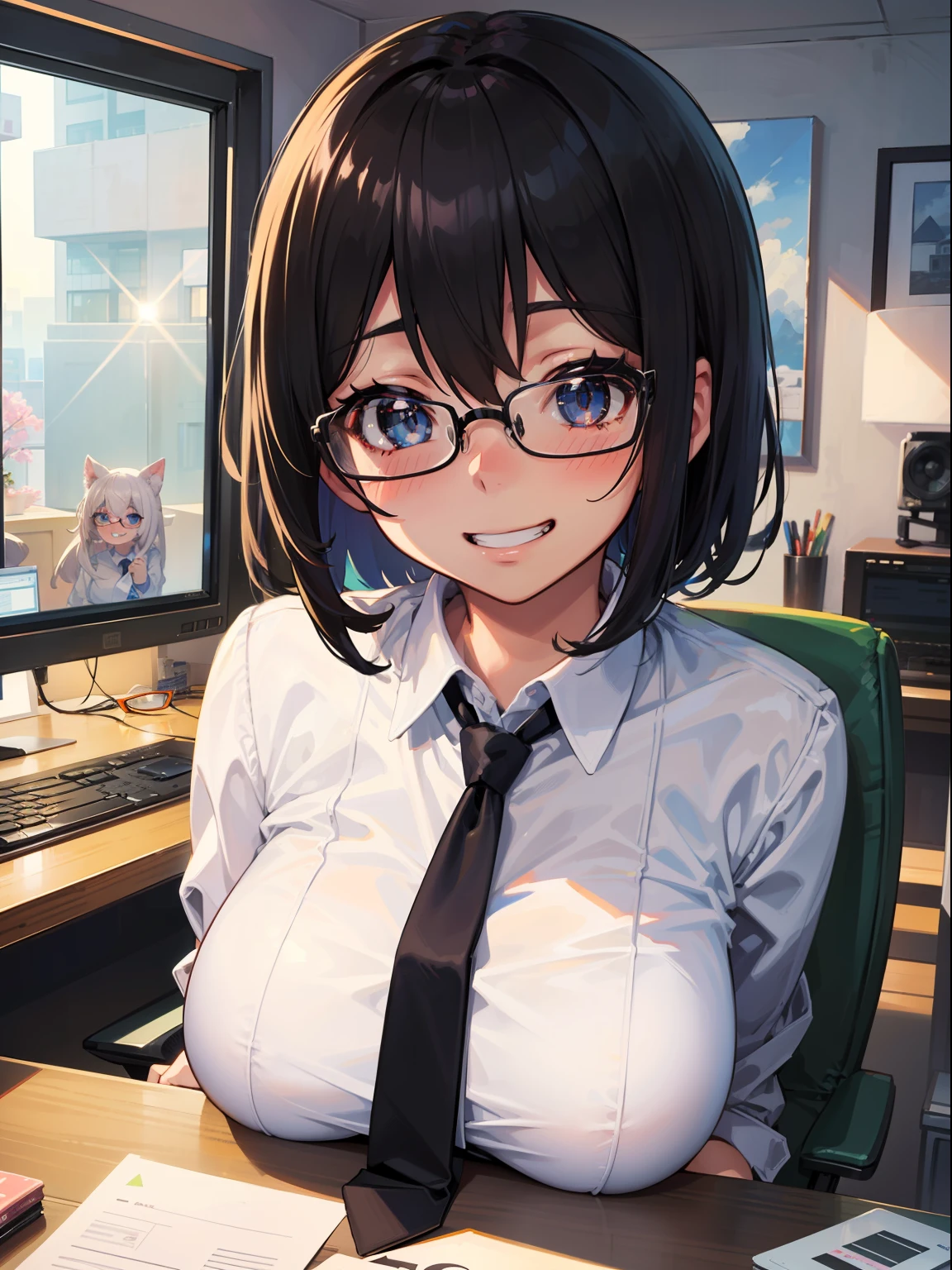 ((masterpiece)), ((best quality)), (ultra-detailed), ((kawaii)), cute, (lovely), ((sexy)), (ero), ((extremely detailed)), 4K, (8K), best quality, (beautiful), illustration, anime style, painting, dynamic angle, full body, upper body, gradation, office, personal computers, in the room, a cute girl, 1girl, solo, suit, beautiful black hair, beautiful black eyes, ((beautiful eyes)), white-skinned, short hair, large breast, glasses, necktie, tie, cool, grin, blush, sparkling effect, lens flare, shiny-glistening, gleaming