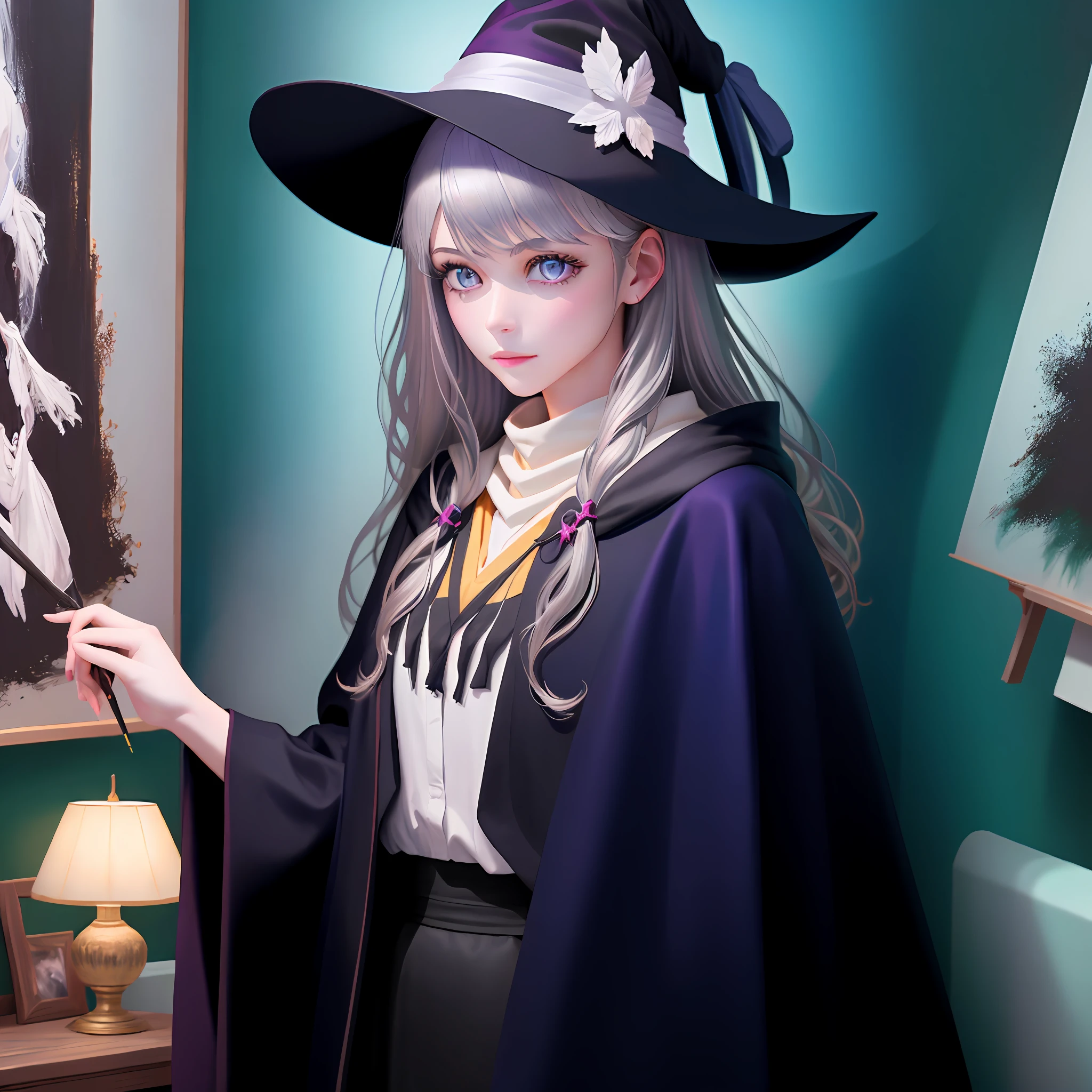 Silver-gray hair，Two-dimensional painting style，a beauty girl，adolable，Black-purple witch robes