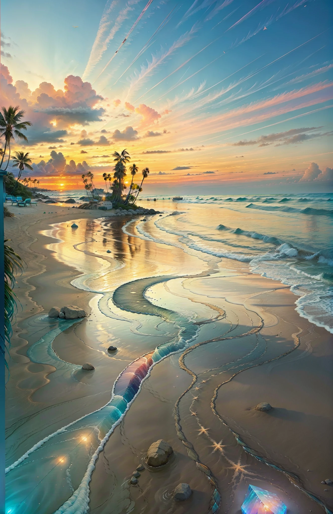 The beach is covered with colorful transparent smooth stones：1.5，Absolutely mesmerizing sunset on the beach，The sky is mixed with orange，Pink and yellow。The sea is crystal clear，Kissing the shore tenderly，The white sand stretches as far as the eye can see。The scene is full of movement，breath-taking，Breasts soar high in the air，Palm trees sway gently。Soak up the calm atmosphere，Let tranquility envelop you。
