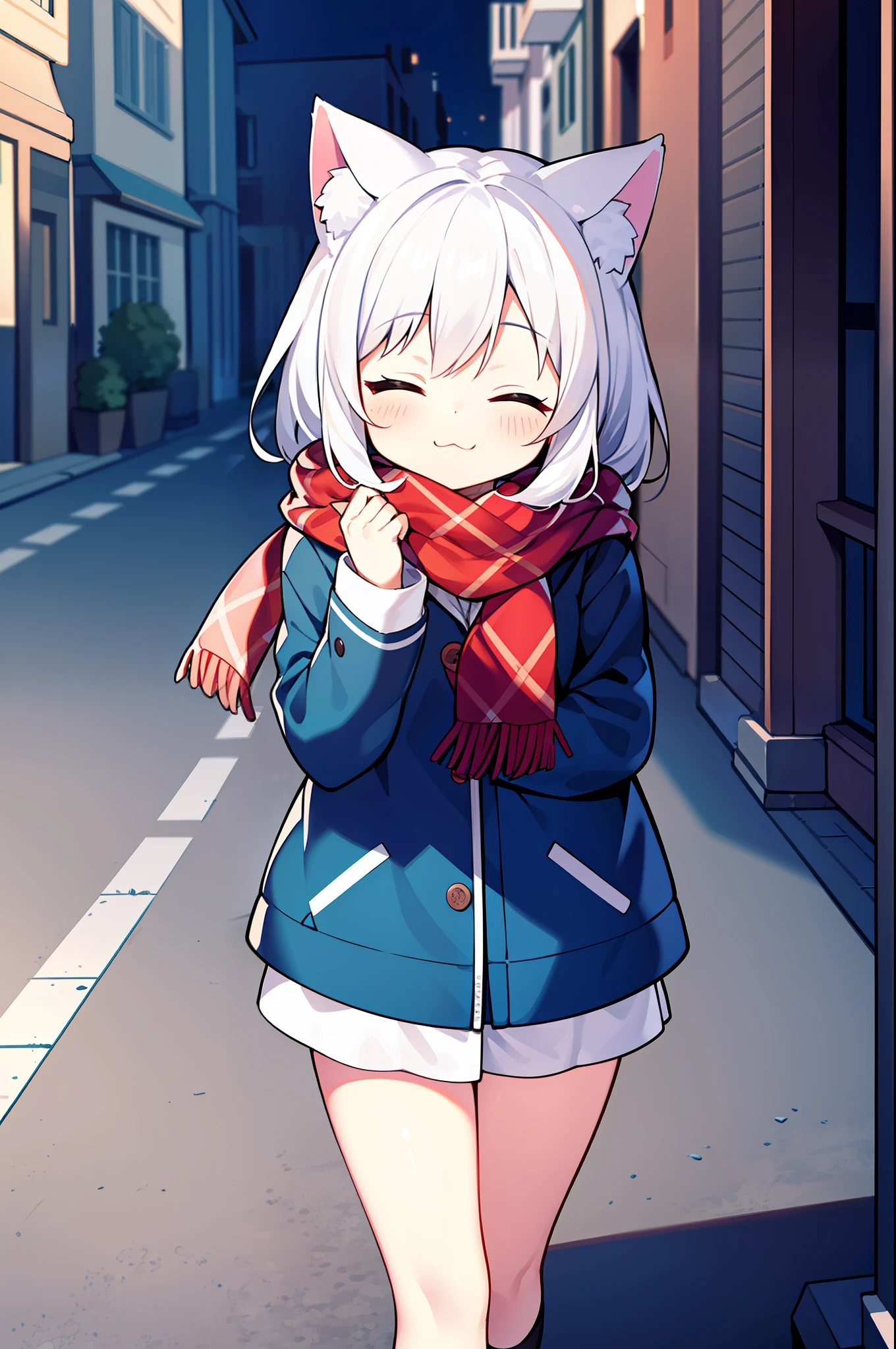 masterpiece, best quality, 1girl, white hair, medium hair, cat ears, closed eyes, looking at viewer, :3, cute, scarf, jacket, outdoors, streets,