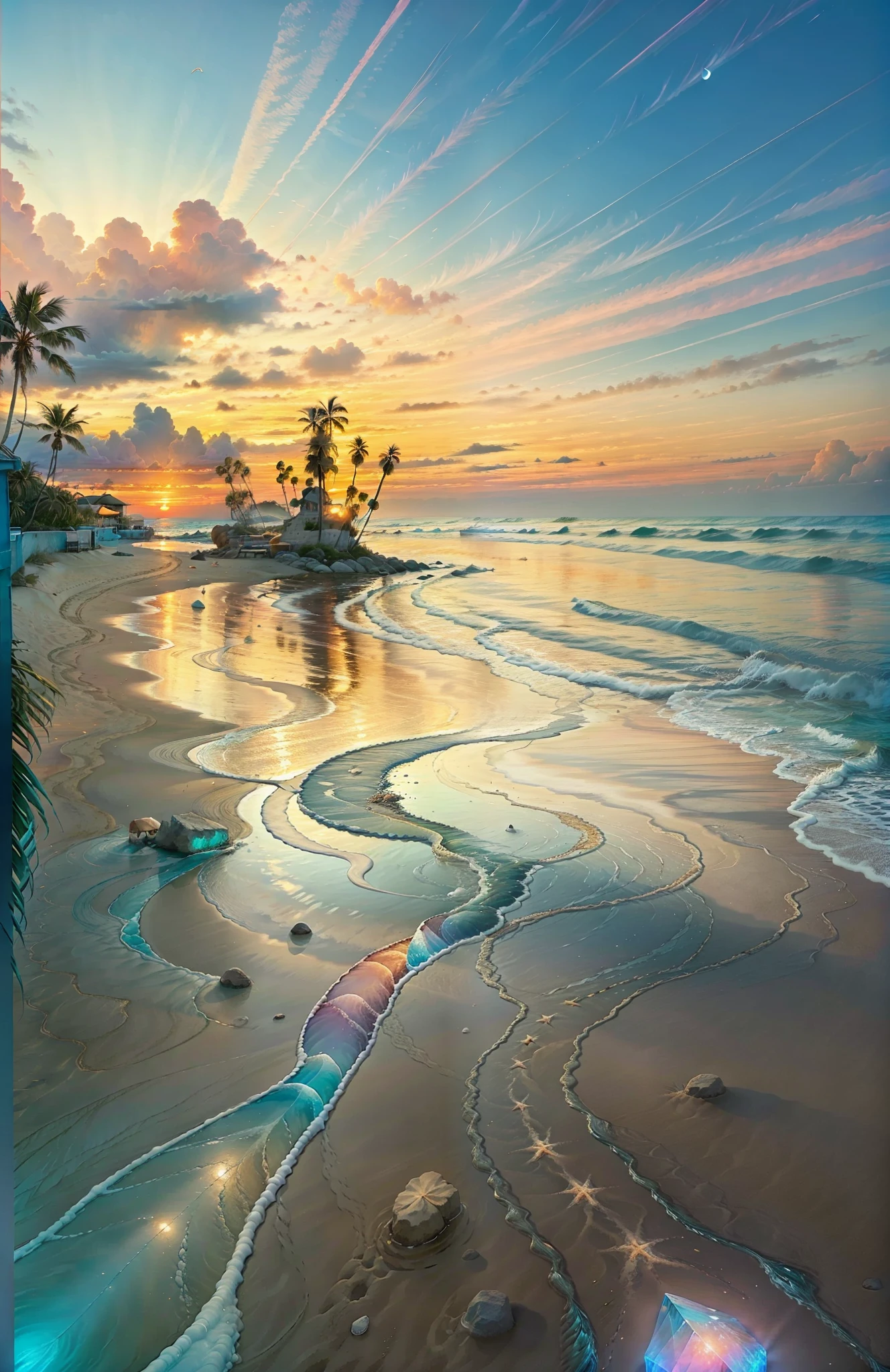 The beach is covered with colorful transparent smooth stones:1.5,Absolutely mesmerizing sunset on the beach,The sky is mixed with orange,Pink and yellow。The sea is crystal clear,Kissing the shore tenderly,The white sand stretches as far as the eye can see。The scene is full of movement,breath-taking,Breasts soar high in the air,Palm trees sway gently。Soak up the calm atmosphere,Let tranquility envelop you。