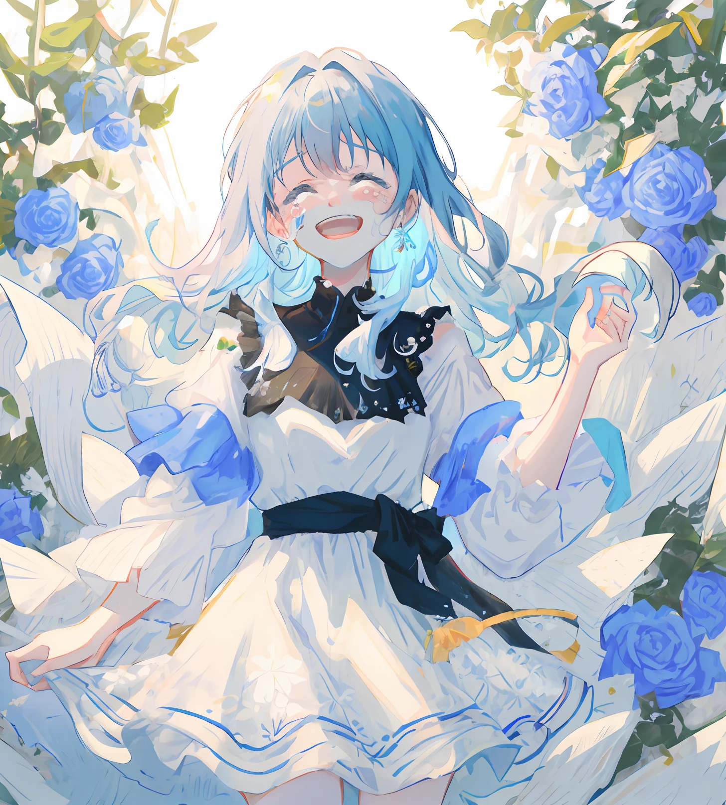 Pale blue hair,White floral dress,face laughing,teardrop,Crying with laughter,length hair,