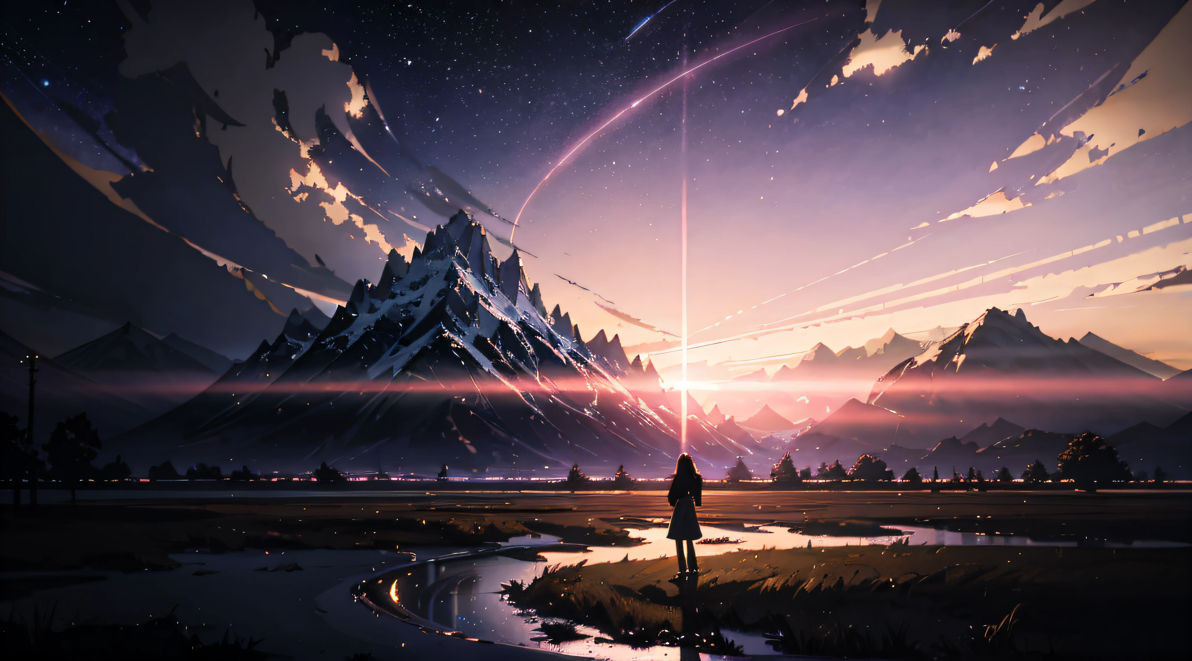 (((Makoto Shinkai style)),pixiv,anime drawing,high quality,pink purple sky,beautiful scene),(universe,train passing,magical realism,((makoto shinkai style)) ::0.8), [Artistic Atmosphere, Atmosphere:0.8, Starry Sky, Hills, Snow Mountain, Sparkling Water, Grass, Trees, Smoke, Stars, Low Angle of View, Specular Scattering,
