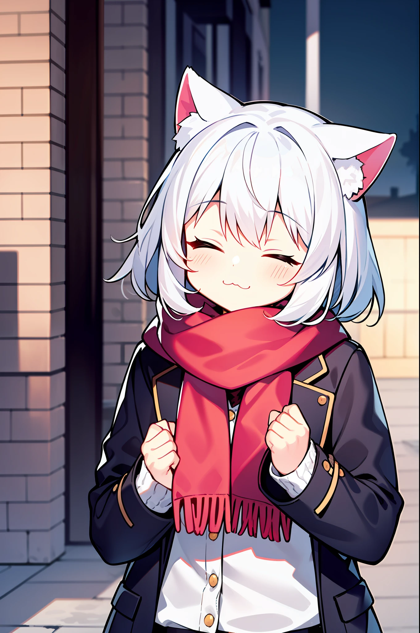 masterpiece, best quality, 1girl, white hair, medium hair, cat ears, closed eyes, looking at viewer, :3, cute, scarf, jacket, outdoors, streets,