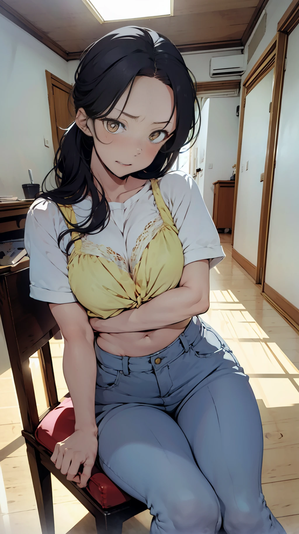 one woman, sitting on the chair, tall of a person,yellow bra,yellow panty,thin,gleaming skin,beautiful face,sharp eyes,brown eyes,flushed cheeks,cool,angry,long hair,ponytail, black hair,slender face,indoor,illustration style,anime style,masterpiece, extremely fine and beautiful,illustration,adult woman