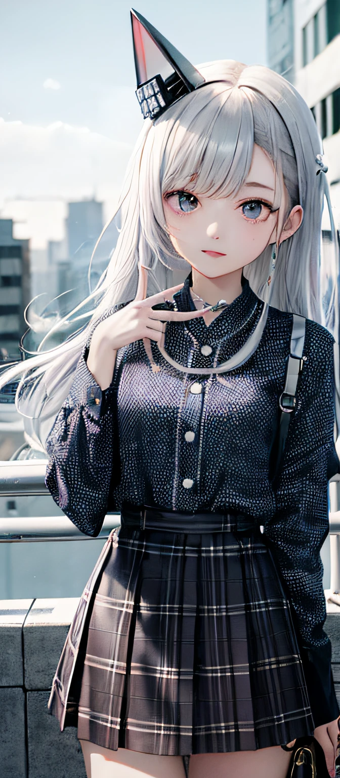 1girl, (masterpiece:1.1), (best quality:1.1), (white blouse:1.1), (plaid skirts:1.1), 校服, high waist skirt, BREAK [blue:pink:0.5] The subject, (Urban Background: 1.1), cowboy lens, BREAK Silver, length hair,, greene eyes, Delicate headgear, Side Body,Japanese anime style