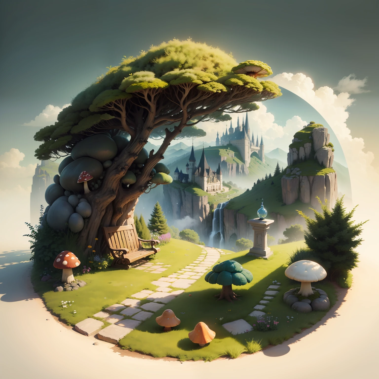 fairytale landscape with stone bench in the center of the image, giant and dwarf mushrooms --auto